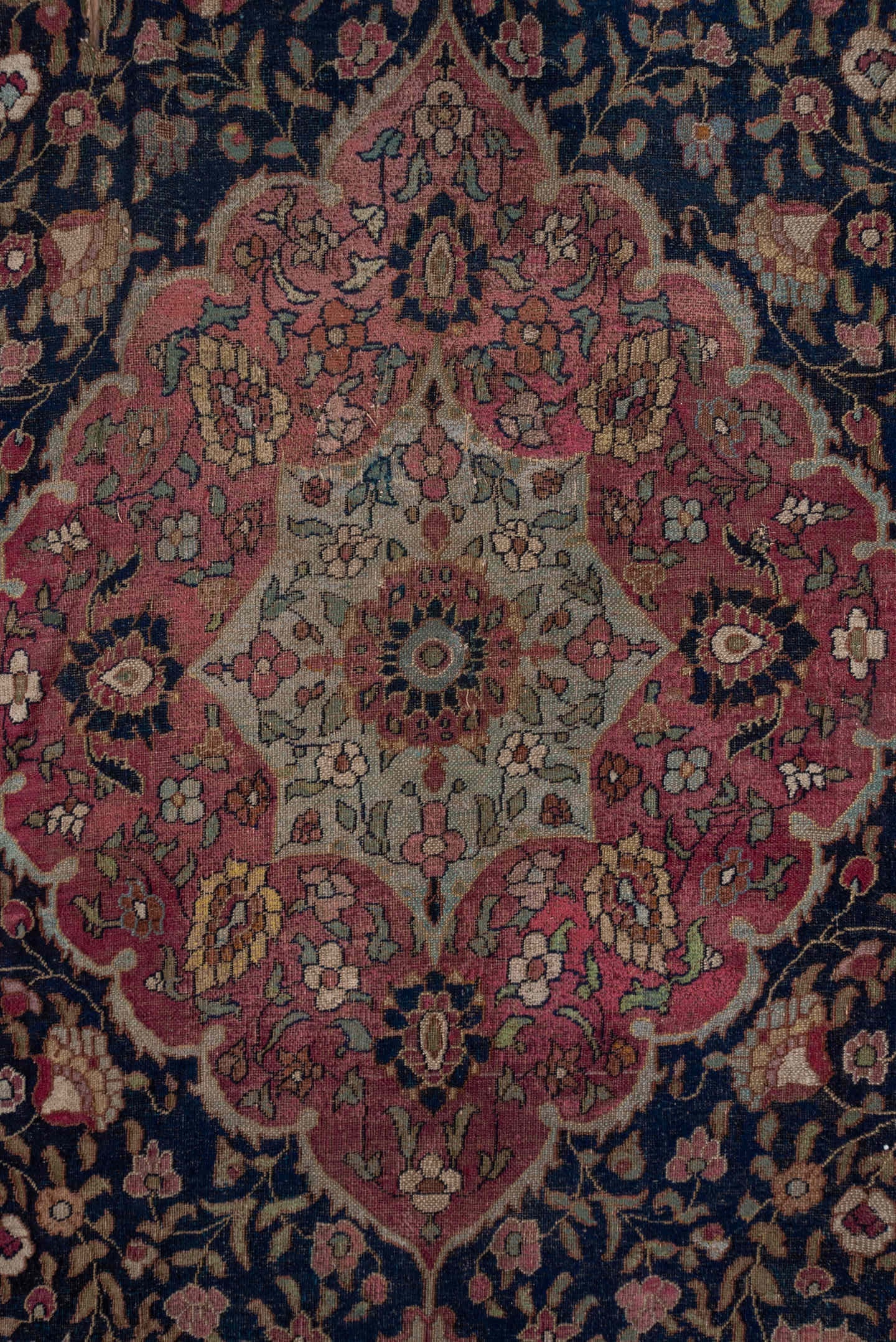 7' x 16' one-of-a-kind handmade vintage Khorassan rug. Color palette: navy, rose, ivory, rust, gold, camel, burgundy, slate
