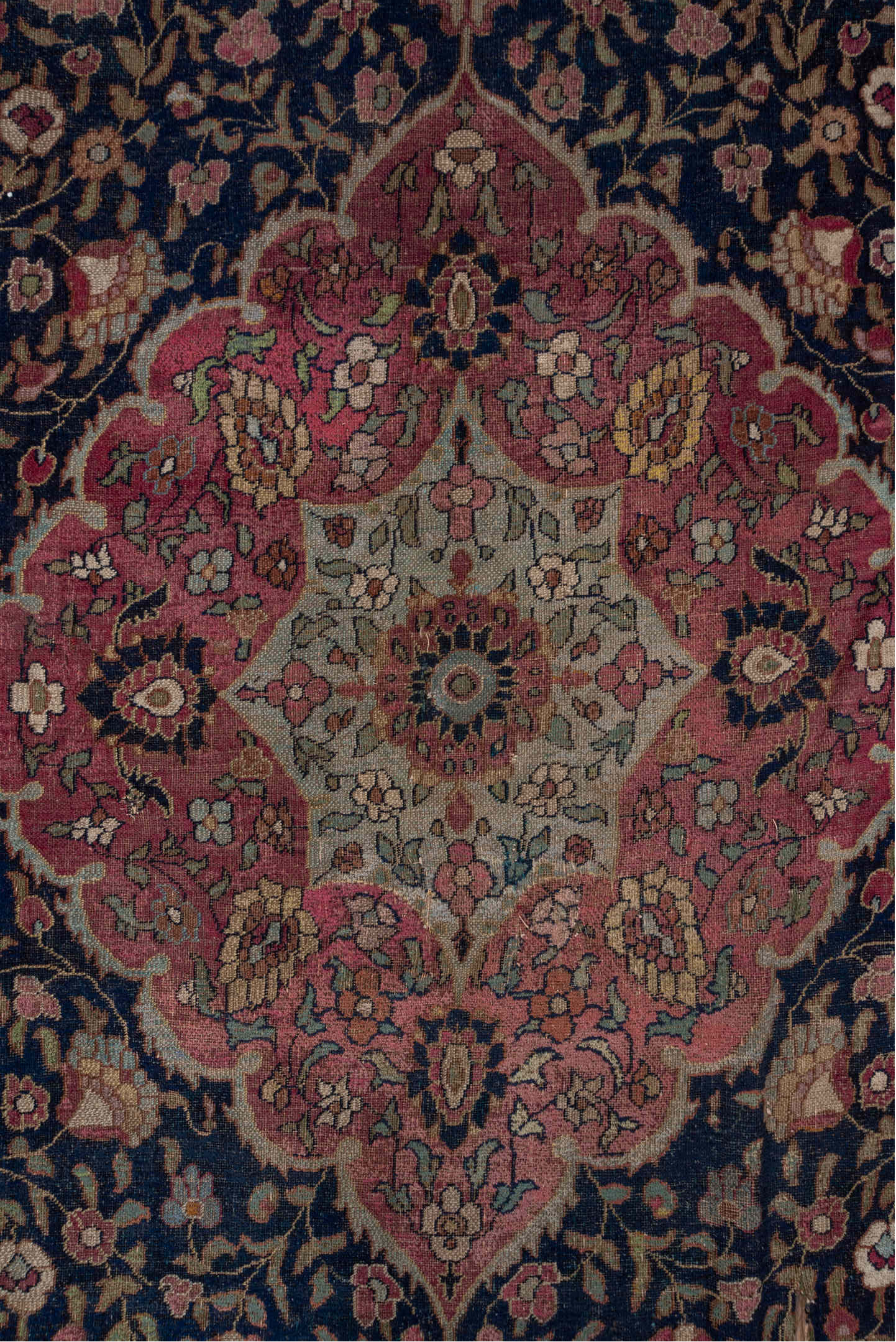 7' x 16' one-of-a-kind handmade vintage Khorassan rug. Color palette: navy, rose, ivory, rust, gold, camel, burgundy, slate