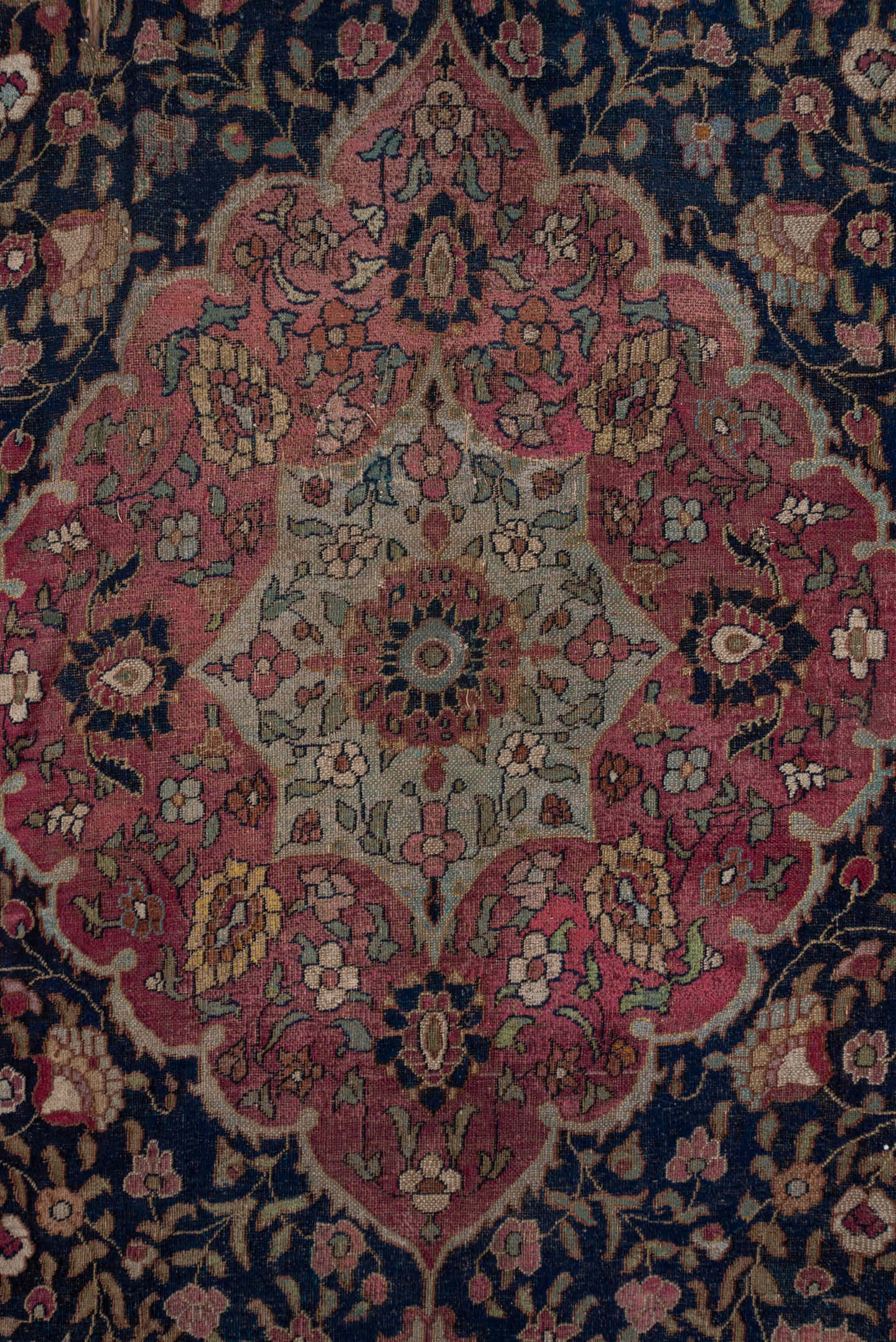 7' x 16' one-of-a-kind handmade vintage Khorassan rug. Color palette: navy, rose, ivory, rust, gold, camel, burgundy, slate