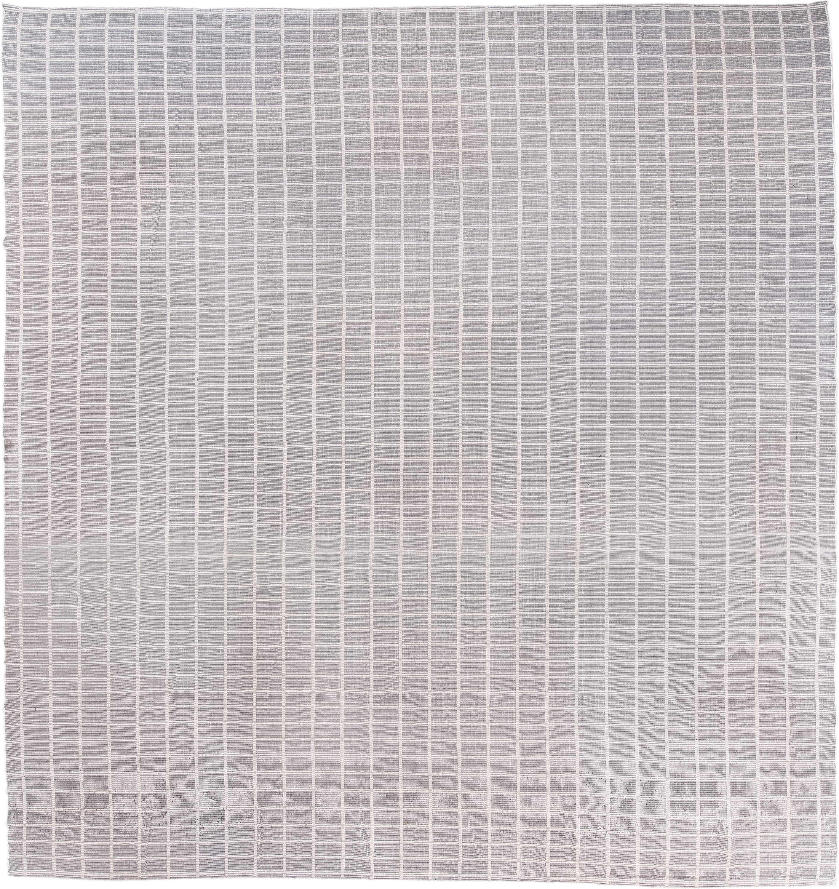 13' x 15' one-of-a-kind handmade vintage Kilim oversize rug. Color palette: ivory, pale gray, taupe, light gray, beige, gray