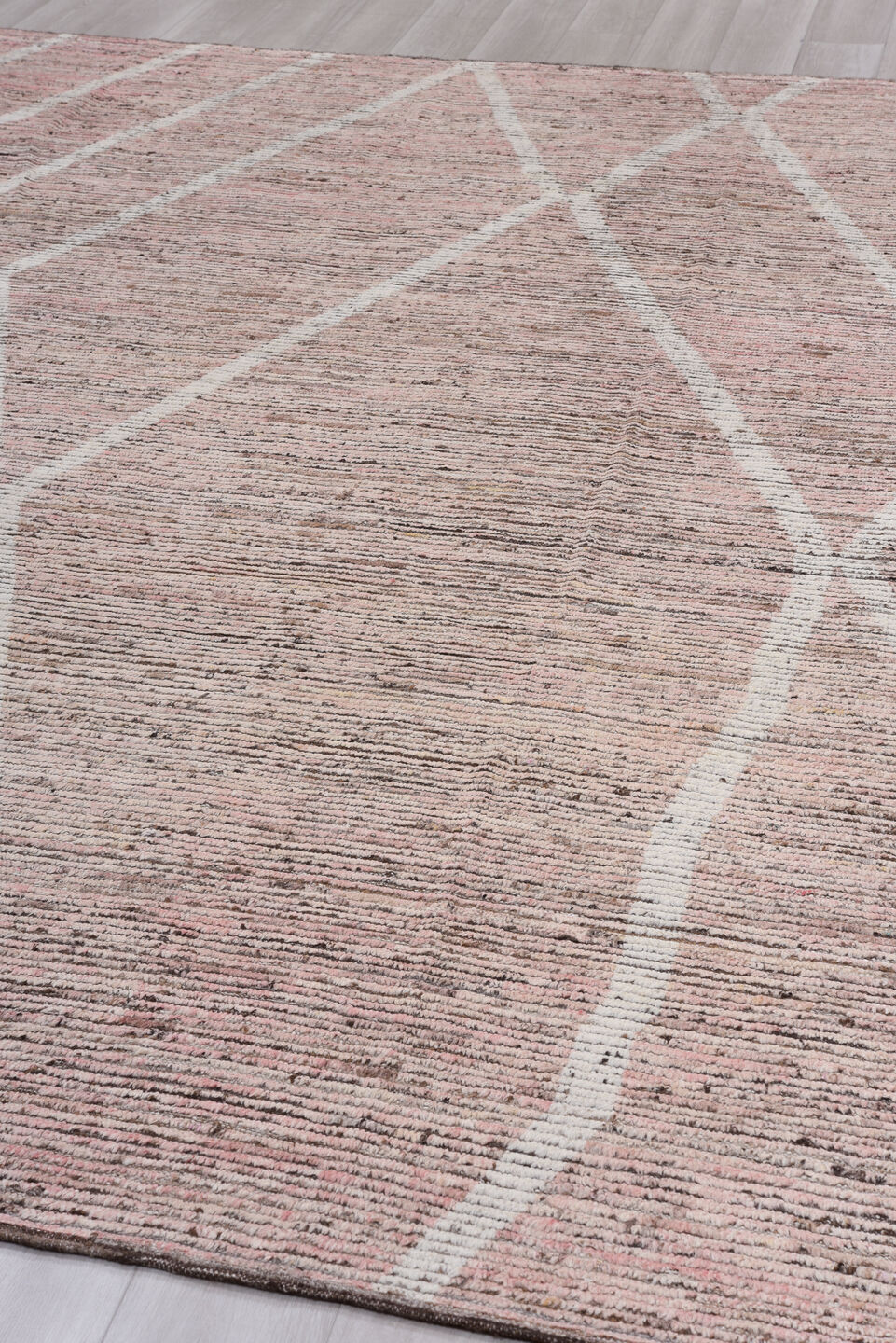 9' x 12' one-of-a-kind handmade vintage Tulu large size rug. Color palette: blush, ivory, taupe, rose, brown, pink, beige