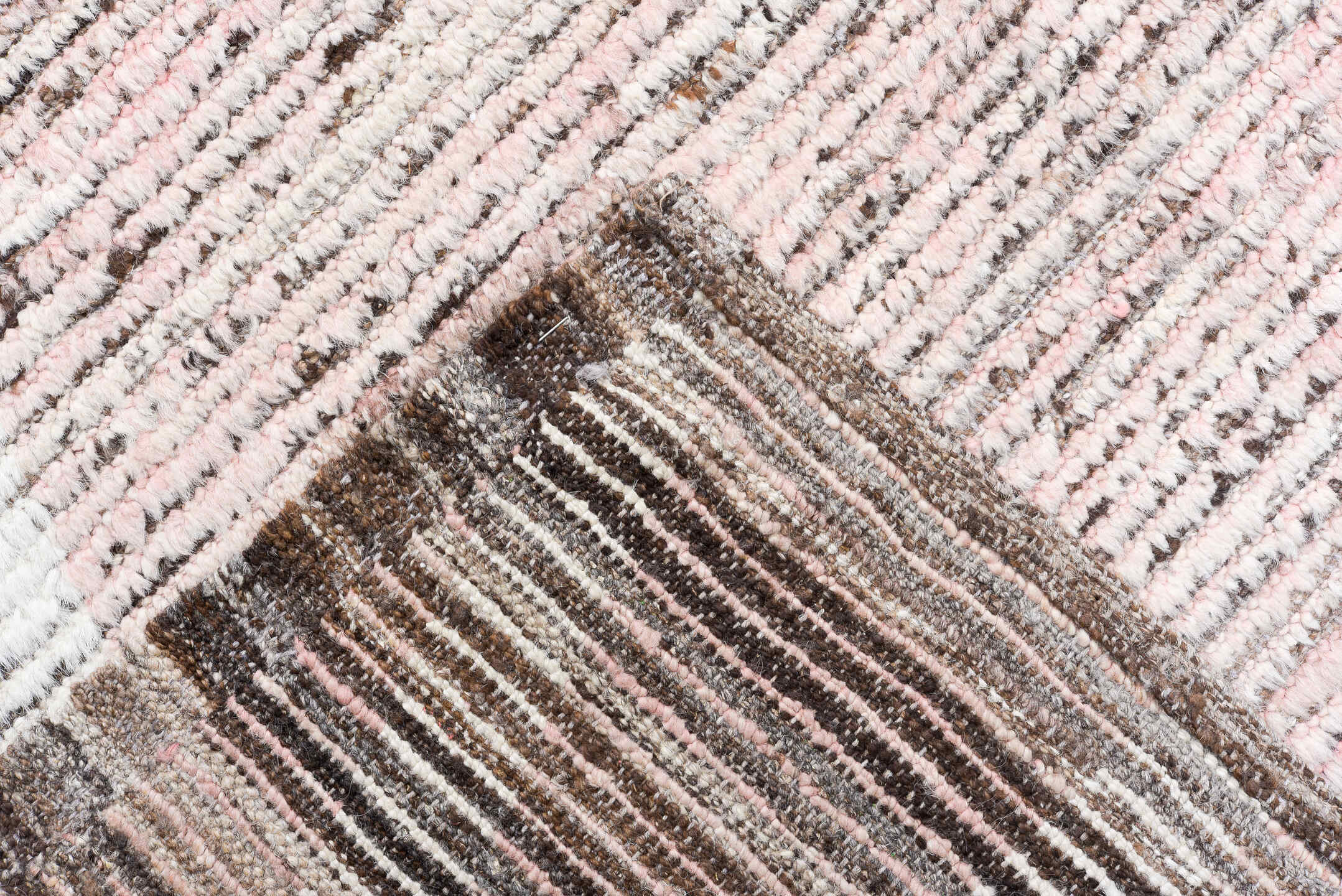 9' x 12' one-of-a-kind handmade vintage Tulu large size rug. Color palette: blush, ivory, taupe, rose, brown, pink, beige