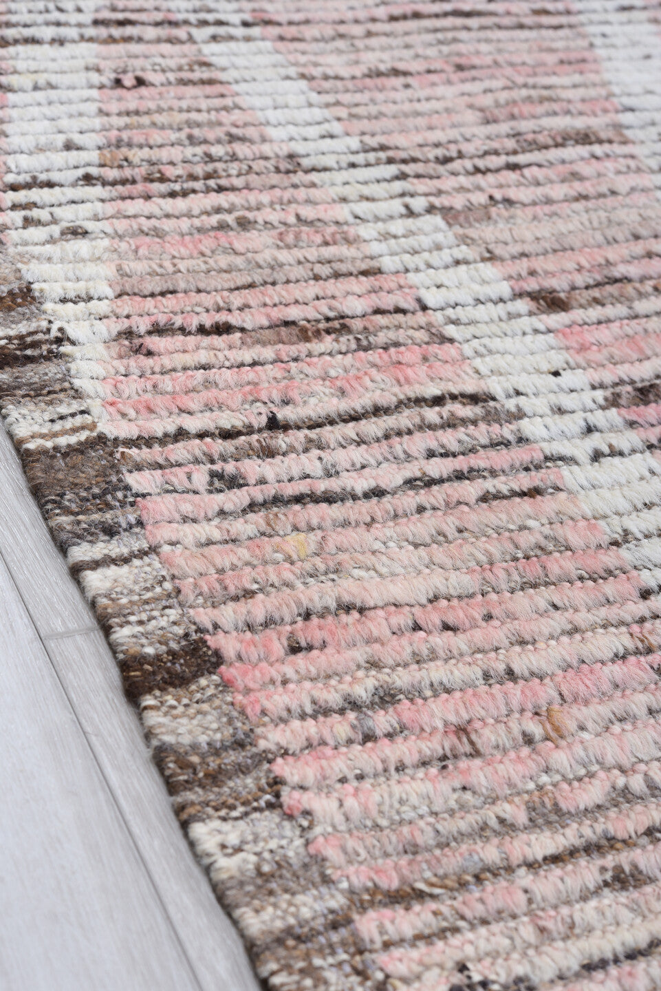 9' x 12' one-of-a-kind handmade vintage Tulu large size rug. Color palette: blush, ivory, taupe, rose, brown, pink, beige