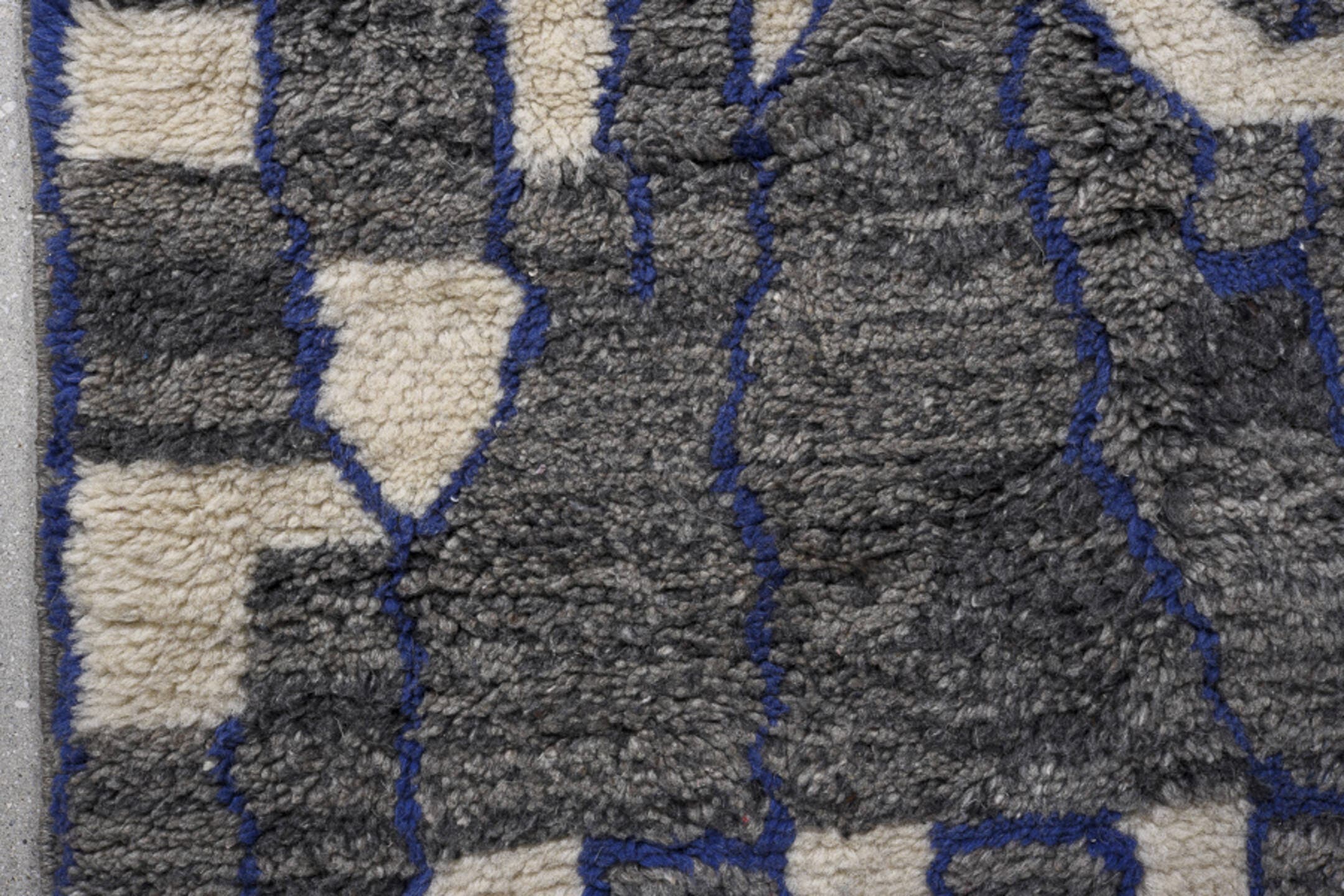 2' x 7' one-of-a-kind handmade vintage Moroccan runner rug. Color palette: charcoal, ivory, navy, slate, cream, gray, black