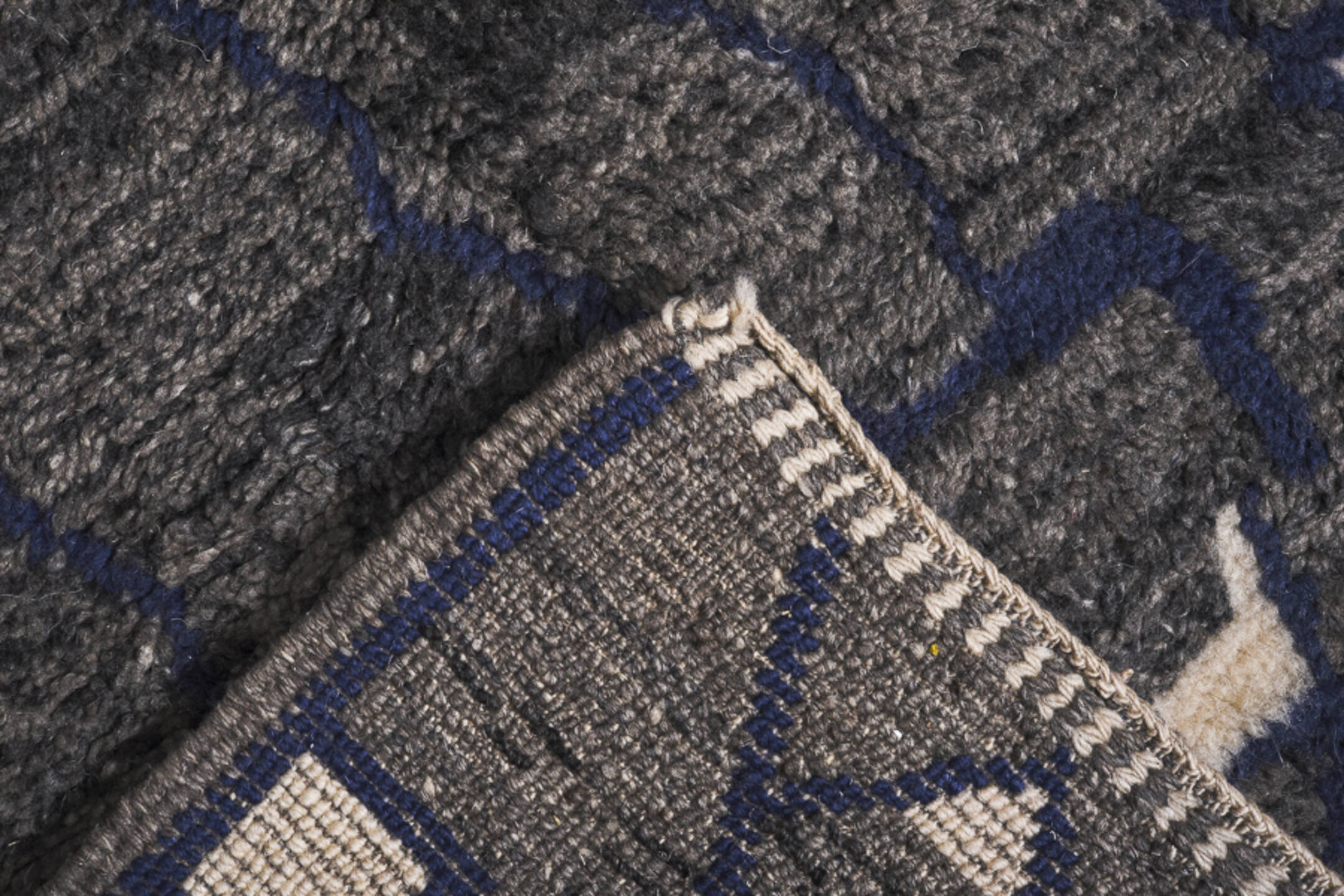 2' x 7' one-of-a-kind handmade vintage Moroccan runner rug. Color palette: black, blue, charcoal, dark gray, dim gray, gray