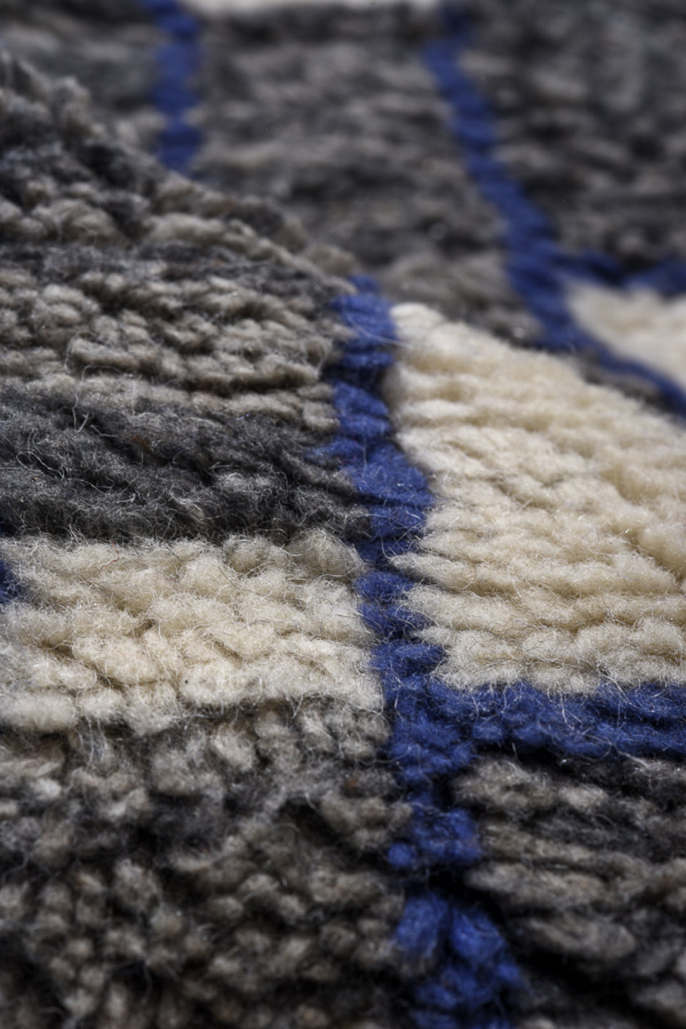 2' x 7' one-of-a-kind handmade vintage Moroccan runner rug. Color palette: gray, blue, light gray, black, off-white