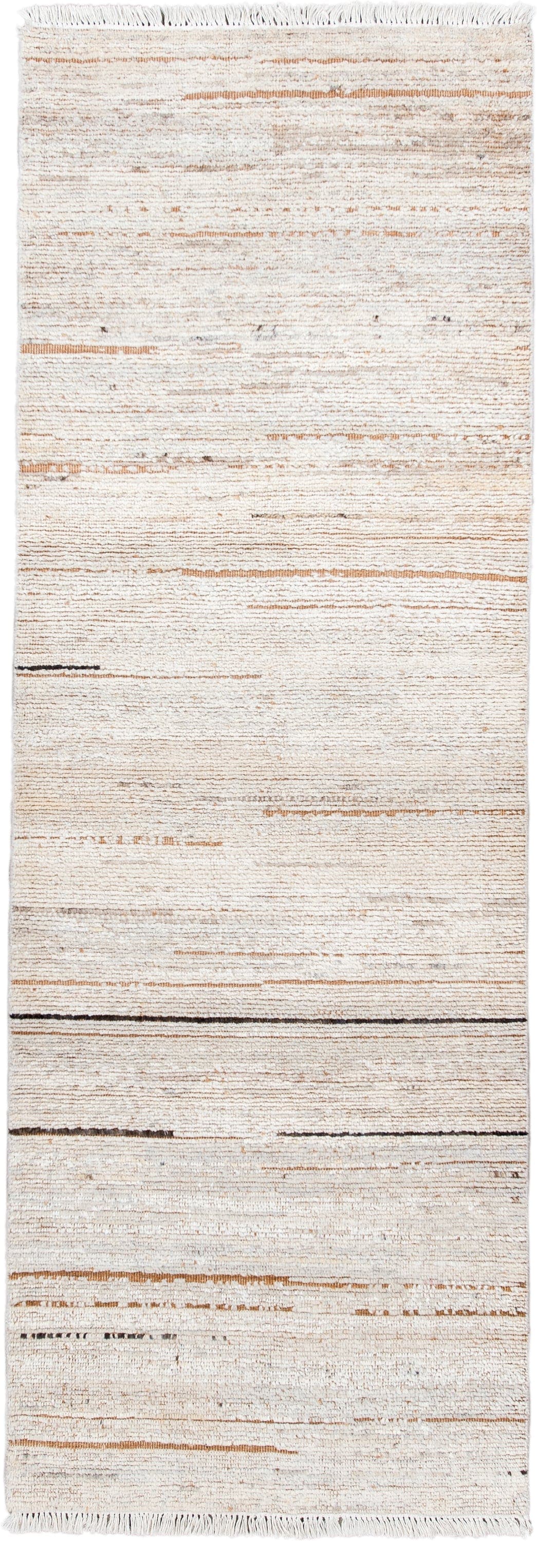 3' x 9' one-of-a-kind handmade vintage Tulu runner rug. Color palette: ivory, cream, camel, taupe, charcoal, beige, gray