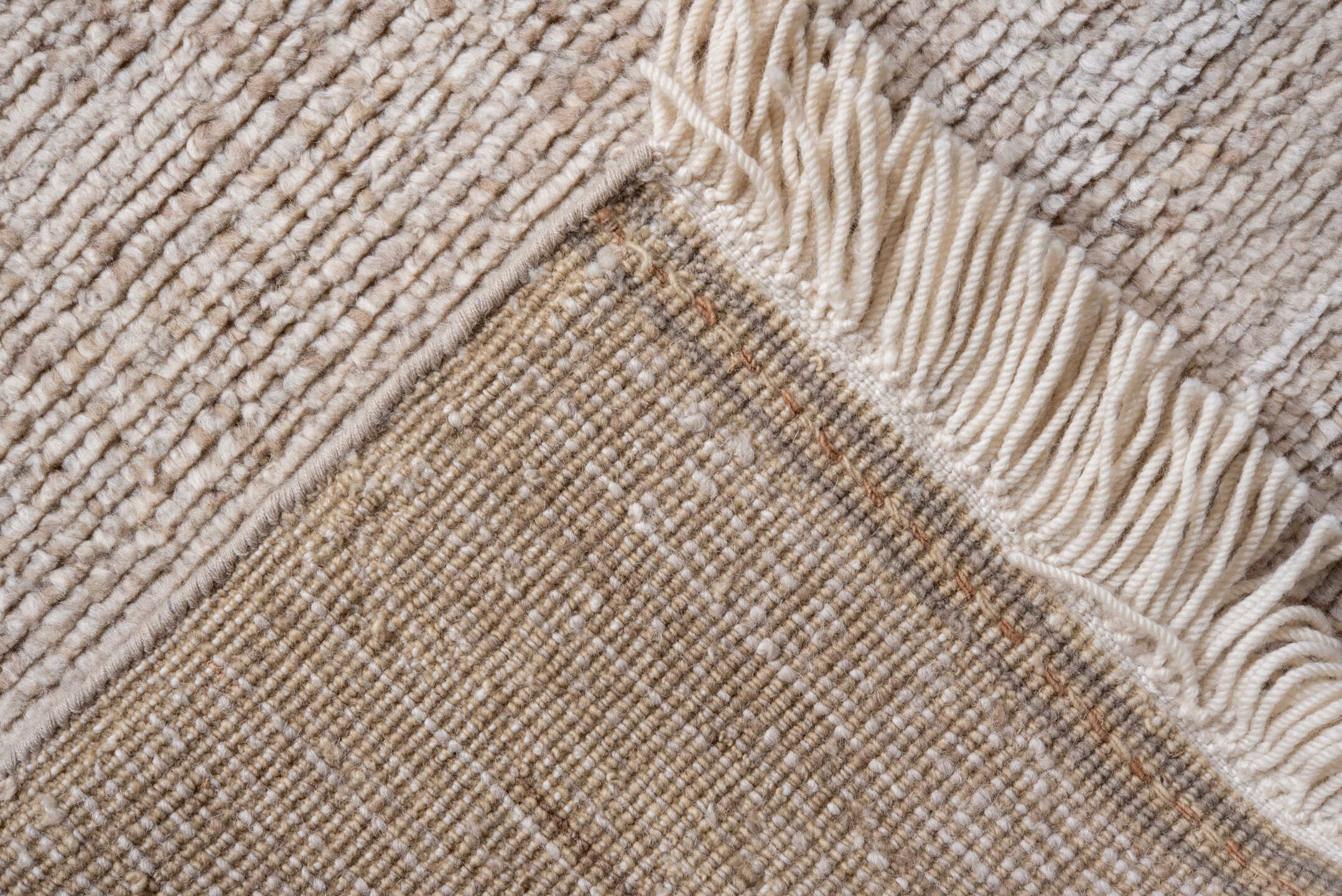 3' x 8' one-of-a-kind handmade vintage Moroccan runner rug. Color palette: ivory, beige, cream, taupe, camel, brown, gray