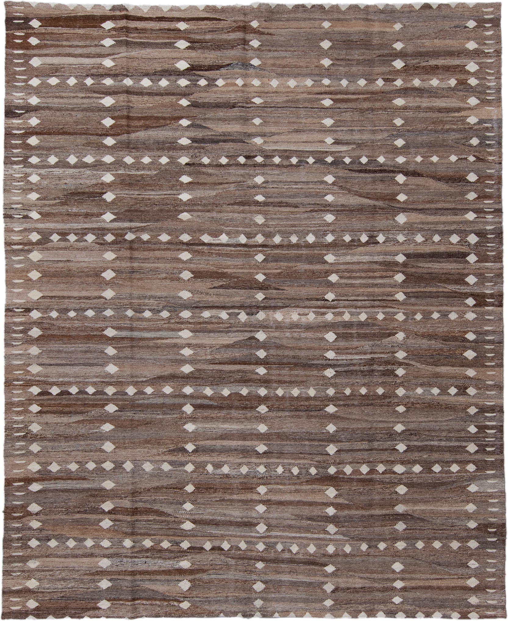 8' x 9' one-of-a-kind handmade vintage Kilim large size rug. Color palette: taupe, brown, ivory, camel, charcoal, beige