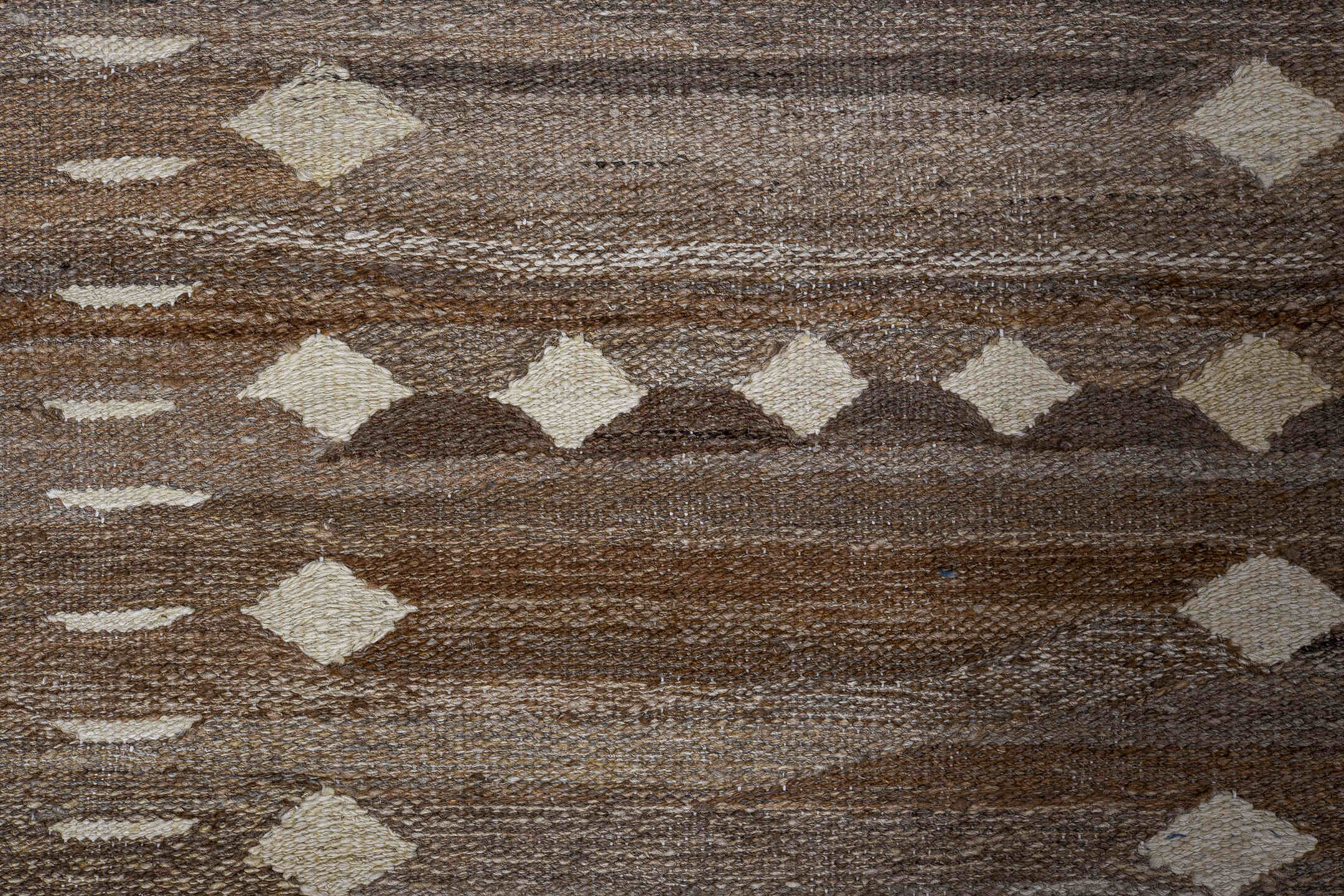 8' x 9' one-of-a-kind handmade vintage Kilim large size rug. Color palette: taupe, brown, ivory, camel, charcoal, beige