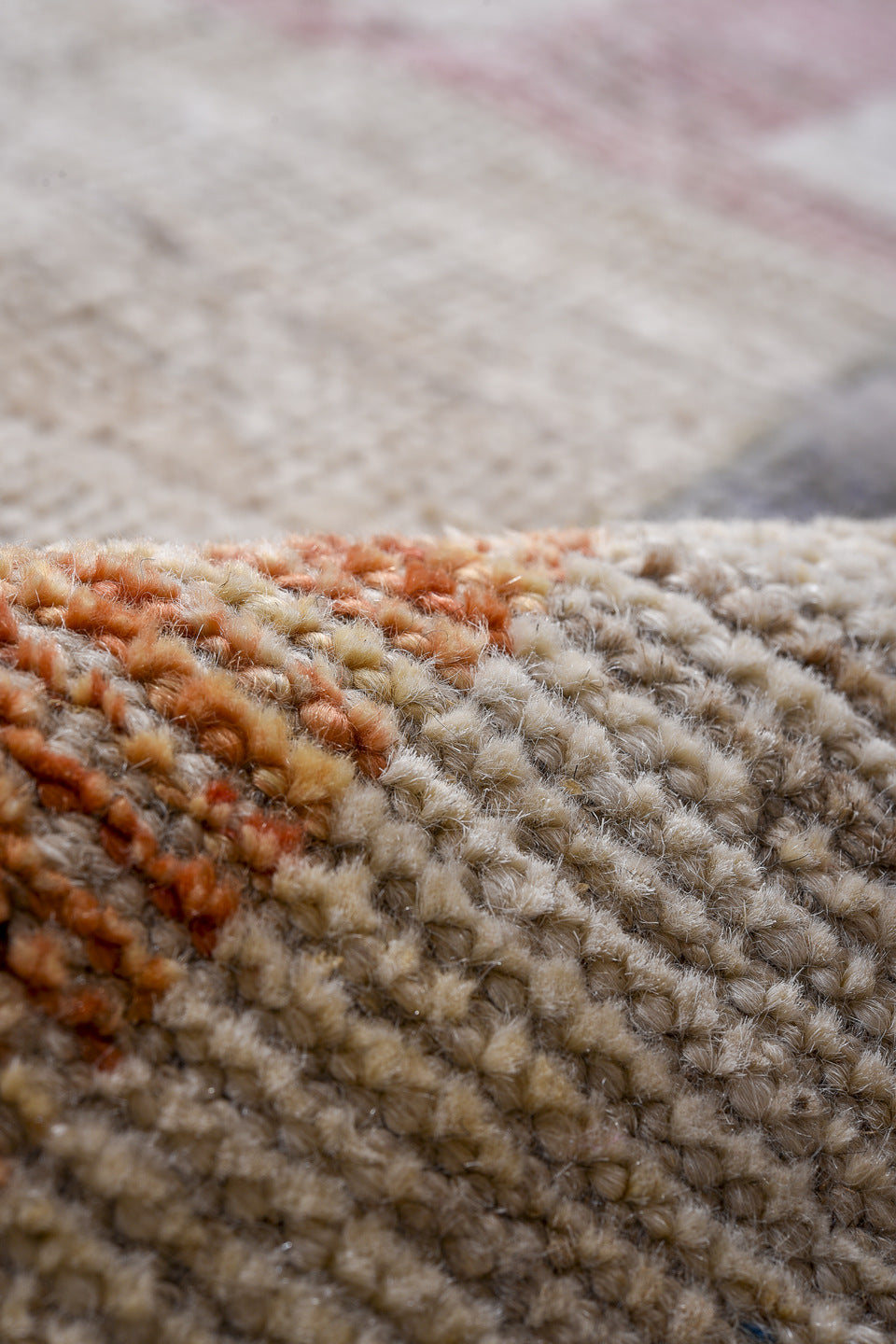 9' x 15' one-of-a-kind handmade vintage Tulu rug. Color palette: brown, gainsboro, gray, light gray, off-white, orange, pink