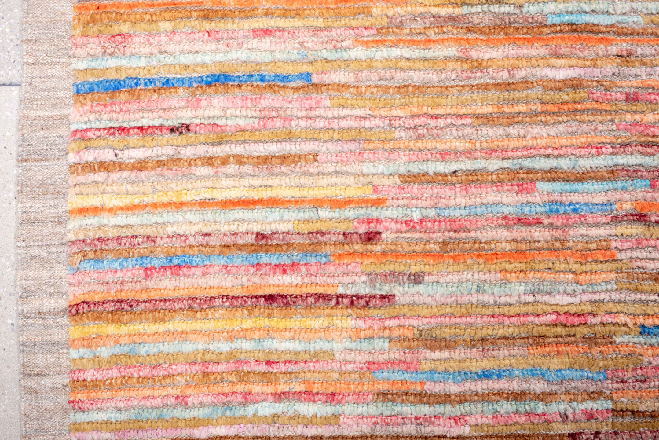 10' x 14' one-of-a-kind handmade vintage Tulu large size rug. Color palette: bisque, blanched almond, blue, brown, gainsboro