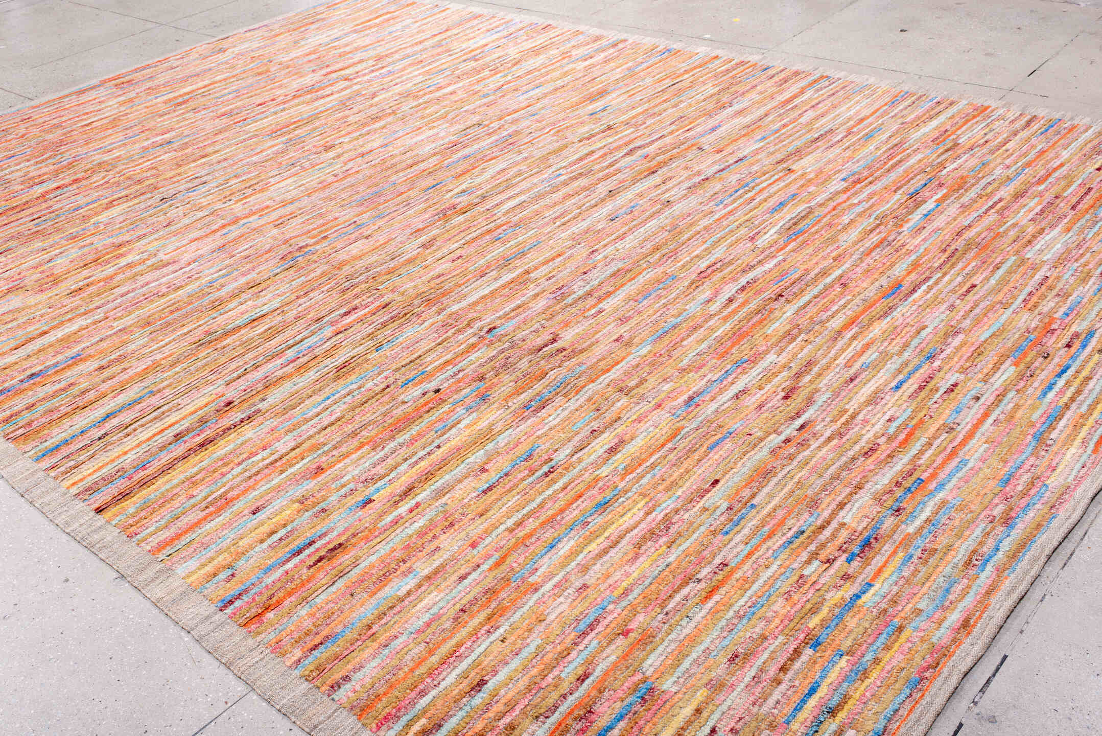 10' x 14' one-of-a-kind handmade vintage Tulu large size rug. Color palette: bisque, blanched almond, blue, brown, gainsboro