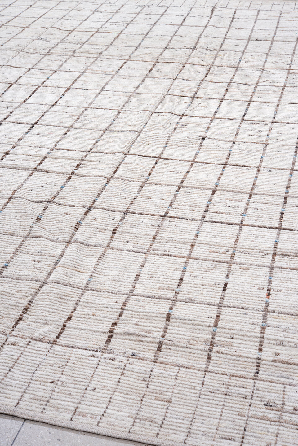9' x 13' one-of-a-kind handmade vintage Tulu large size rug. Color palette: ivory, brown, taupe, charcoal, beige, gray