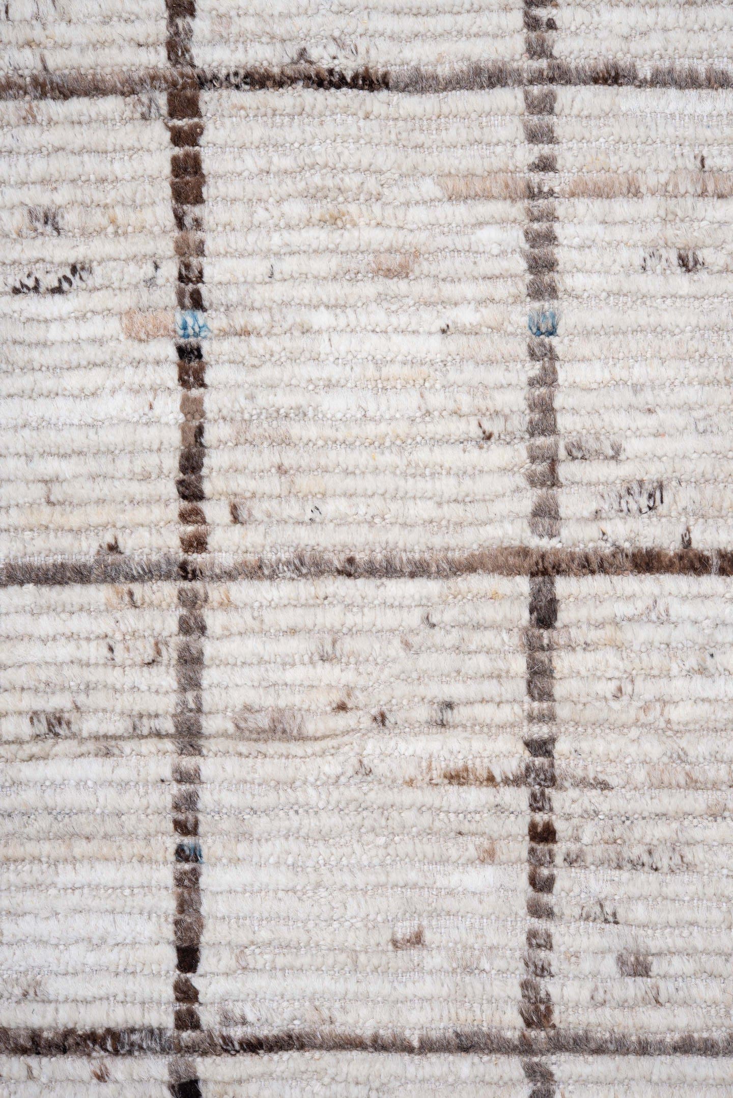 9' x 13' one-of-a-kind handmade vintage Tulu large size rug. Color palette: ivory, brown, taupe, charcoal, beige, gray
