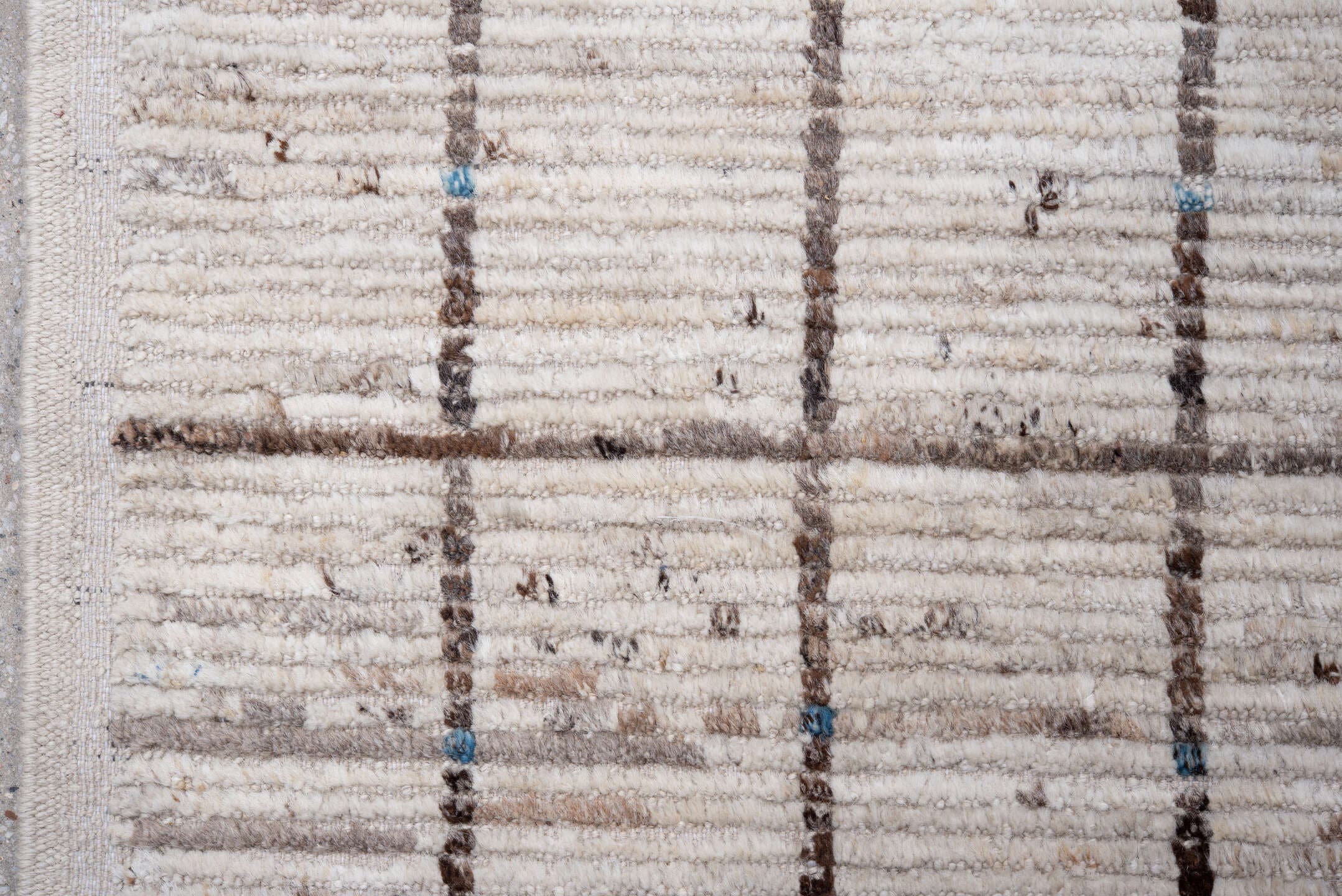 9' x 13' one-of-a-kind handmade vintage Tulu large size rug. Color palette: ivory, brown, taupe, charcoal, beige, gray