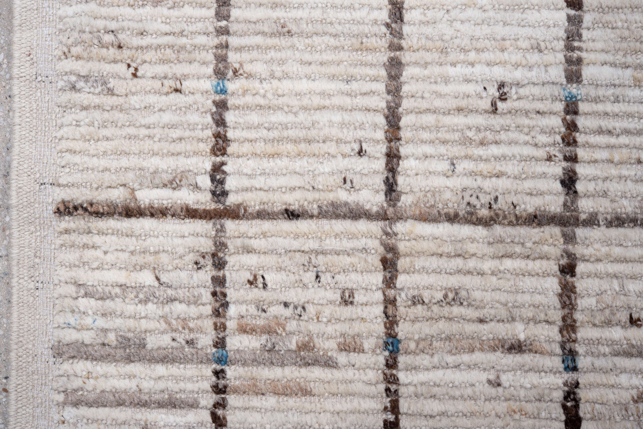 9' x 13' one-of-a-kind handmade vintage Tulu large size rug. Color palette: ivory, brown, taupe, charcoal, beige, gray