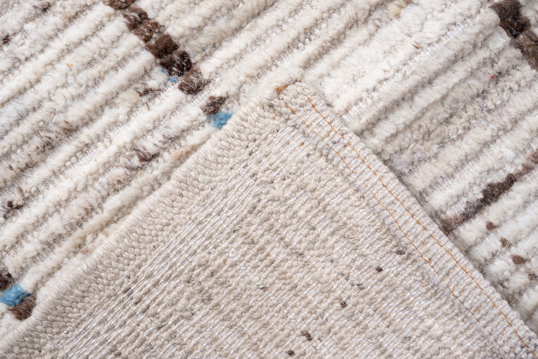 9' x 13' one-of-a-kind handmade vintage Tulu large size rug. Color palette: ivory, brown, taupe, charcoal, beige, gray