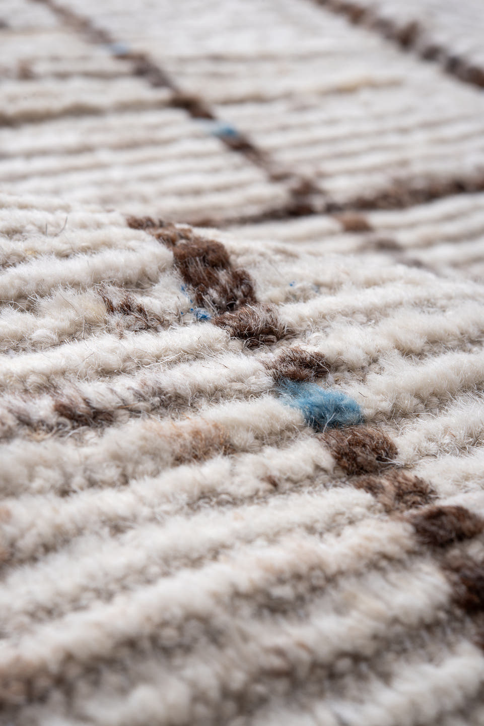 9' x 13' one-of-a-kind handmade vintage Tulu large size rug. Color palette: ivory, brown, taupe, charcoal, beige, gray