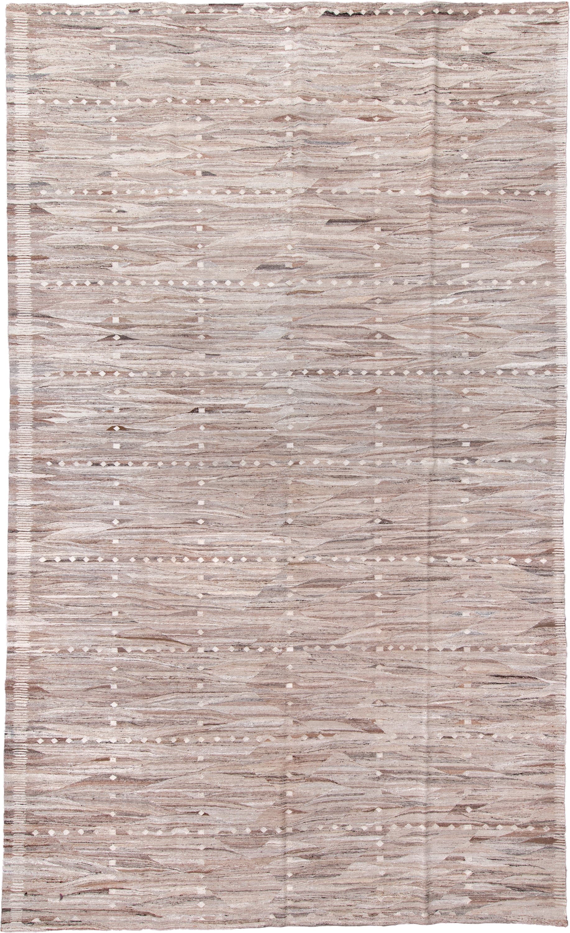 9' x 16' one-of-a-kind handmade vintage Kilim rug. Color palette: taupe, ivory, beige, camel, greige, gray