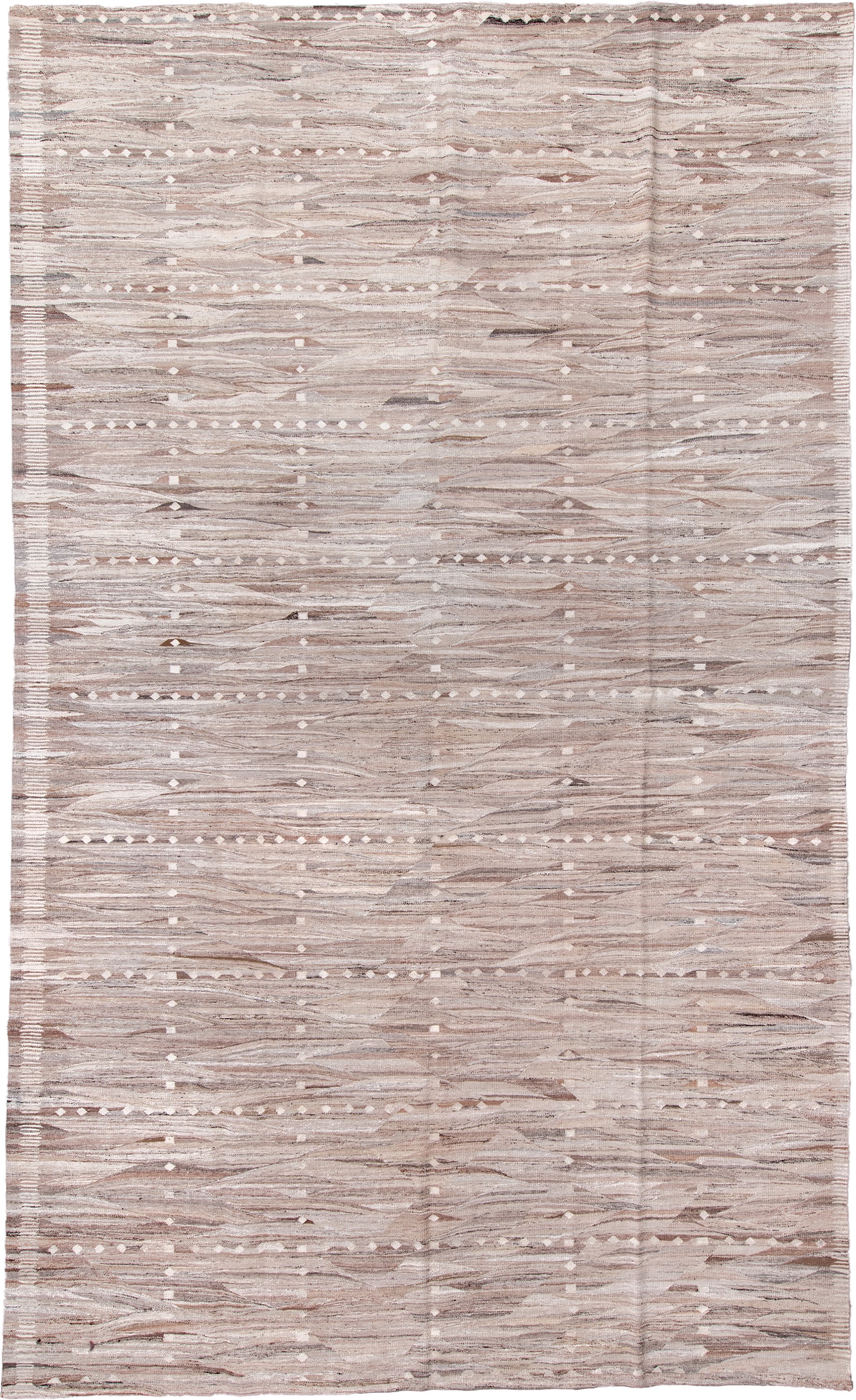 9' x 16' one-of-a-kind handmade vintage Kilim rug. Color palette: taupe, ivory, beige, camel, greige, gray