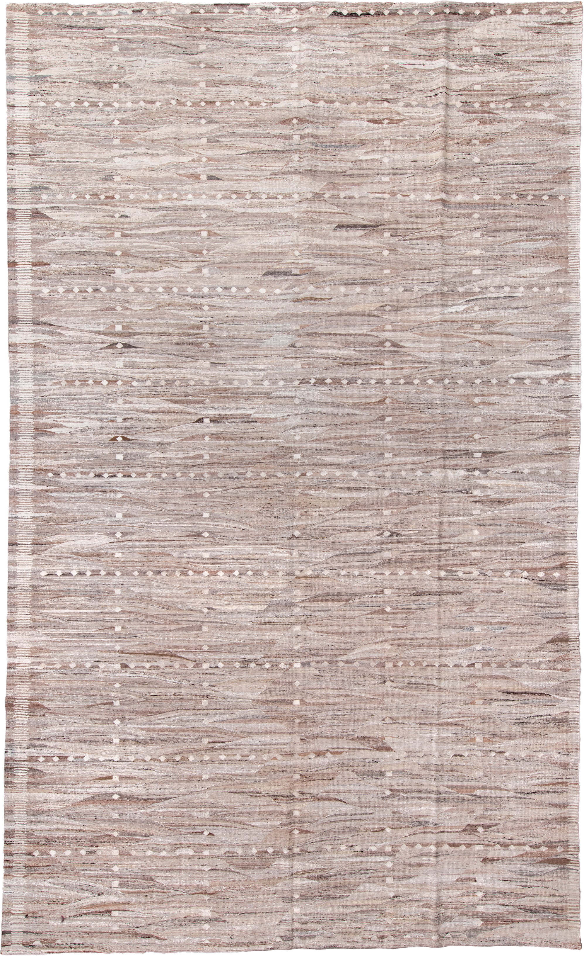 9' x 16' one-of-a-kind handmade vintage Kilim rug. Color palette: taupe, ivory, beige, camel, greige, gray