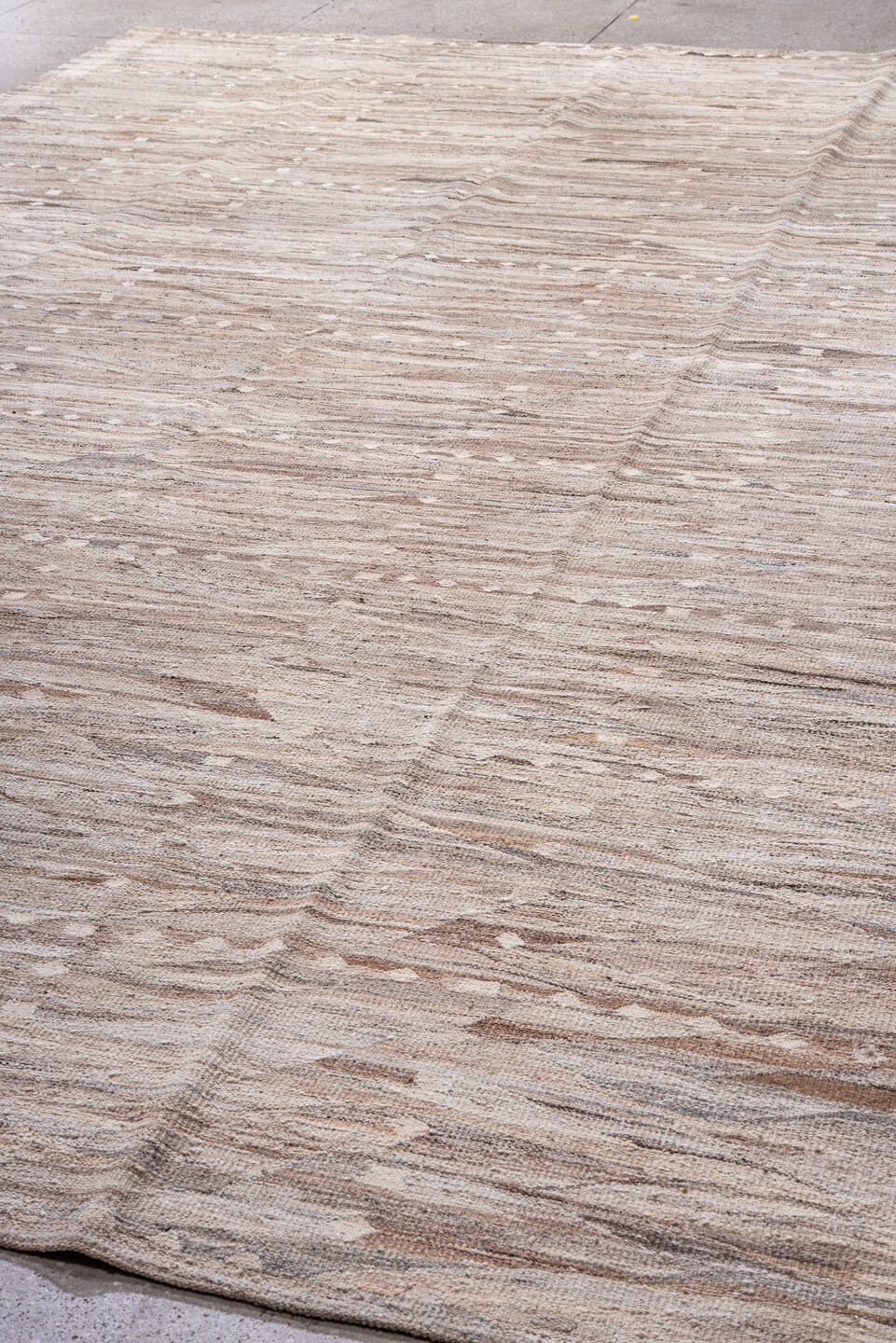 9' x 16' one-of-a-kind handmade vintage Kilim rug. Color palette: taupe, ivory, beige, camel, greige, gray