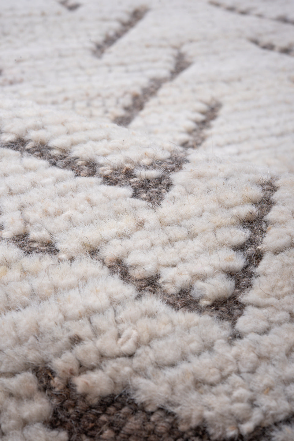 3' x 9' one-of-a-kind handmade vintage Tulu runner rug. Color palette: ivory, taupe, brown, beige, gray