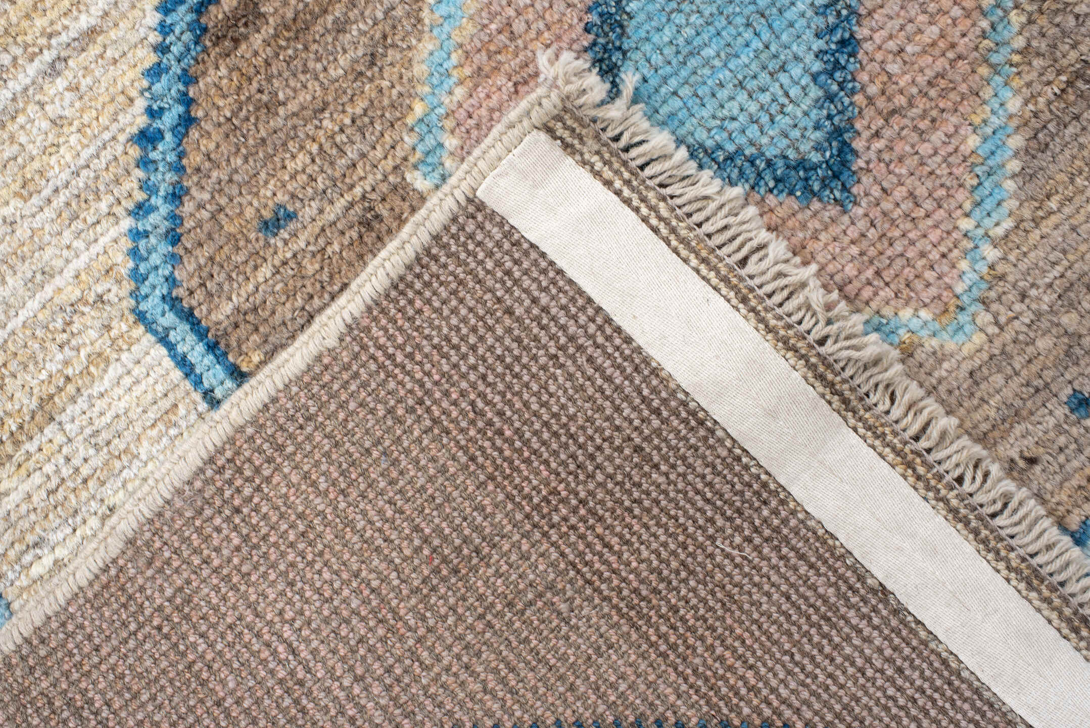 3' x 12' one-of-a-kind handmade vintage Oushak runner rug. Color palette: antiquewhite, arapawa, blue, brown, gray