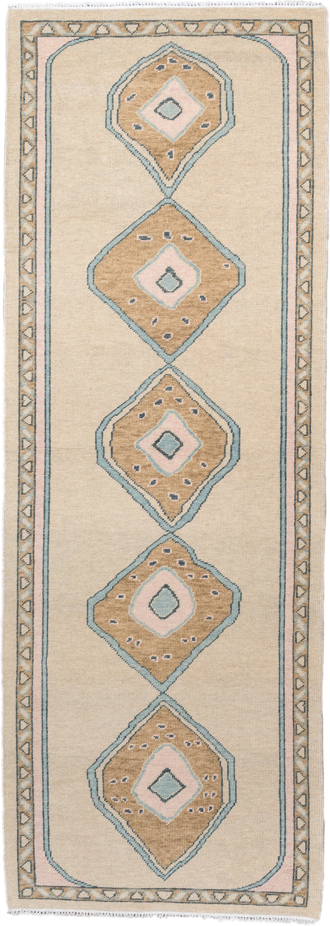 4' x 11' one-of-a-kind handmade vintage Oushak runner rug. Color palette: ivory, sand, pale blue, blush, taupe, beige