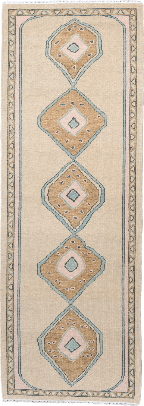 4' x 11' one-of-a-kind handmade vintage Oushak runner rug. Color palette: blue, brown, dim gray, gray, light gray, off-white