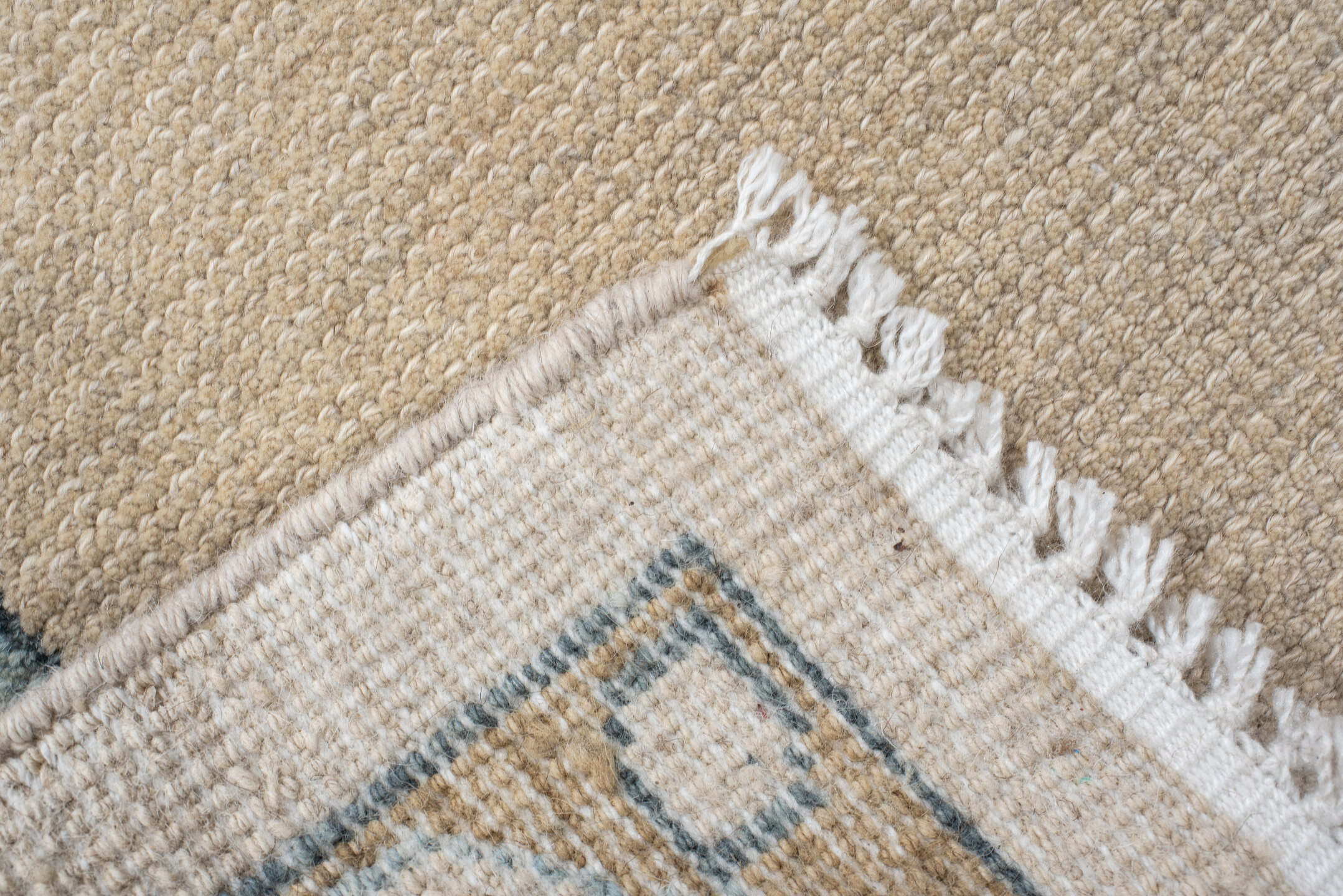 4' x 11' one-of-a-kind handmade vintage Oushak runner rug. Color palette: blue, brown, dim gray, gray, light gray, off-white