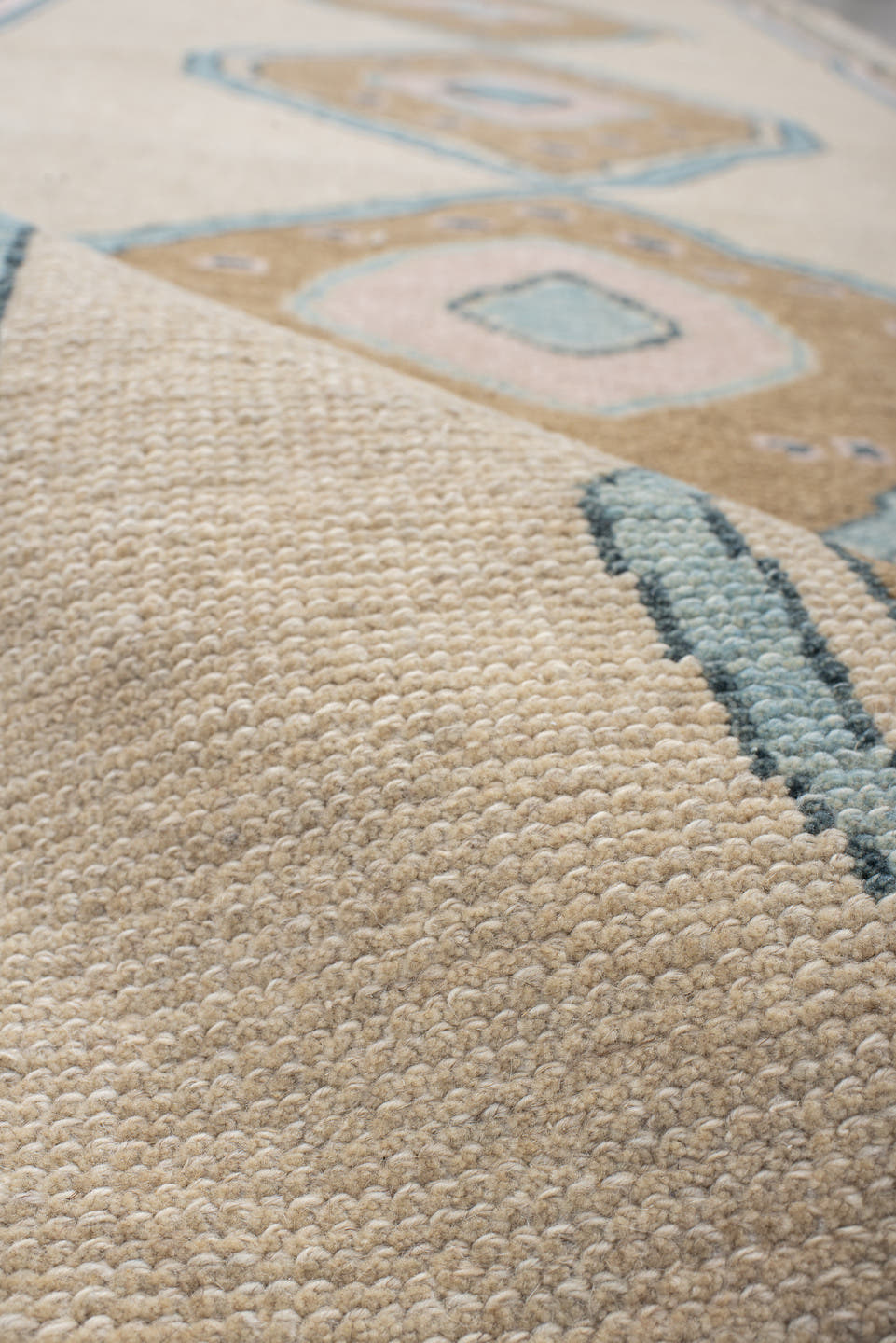 4' x 11' one-of-a-kind handmade vintage Oushak runner rug. Color palette: ivory, sand, pale blue, blush, taupe, beige