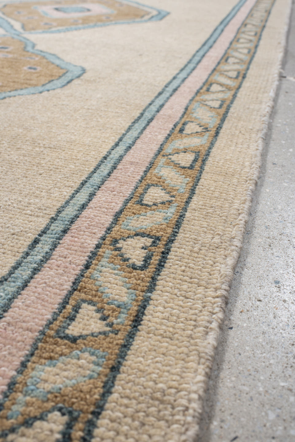 4' x 11' one-of-a-kind handmade vintage Oushak runner rug. Color palette: ivory, sand, pale blue, blush, taupe, beige
