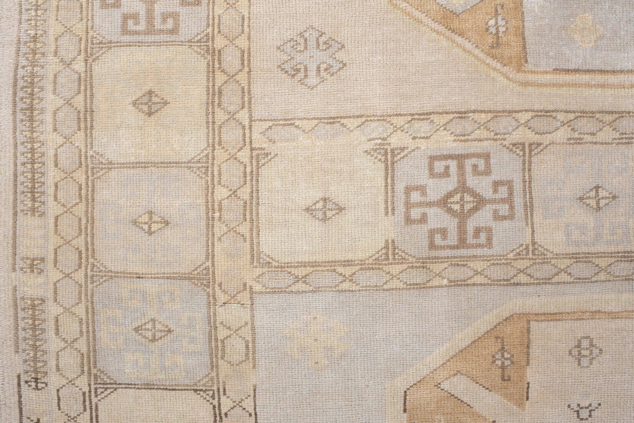 6' x 9' one-of-a-kind handmade vintage medium size rug. Color palette: ivory, pale blue, beige, camel, taupe, light blue