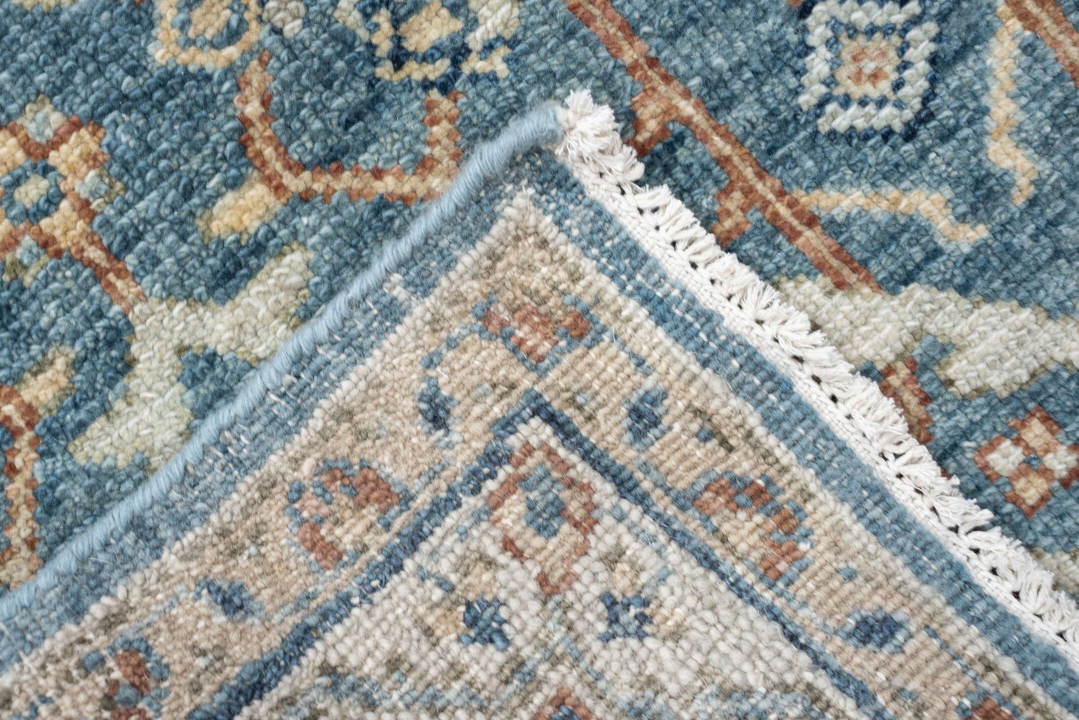 3' x 8' one-of-a-kind handmade vintage Malayer runner rug. Color palette: blue, ivory, terracotta, navy, cream, camel, brown