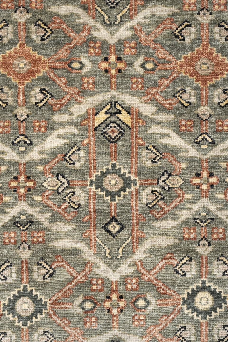 3' x 7' one-of-a-kind handmade vintage Malayer runner rug. Color palette: sage gray, ivory, terracotta, charcoal, taupe