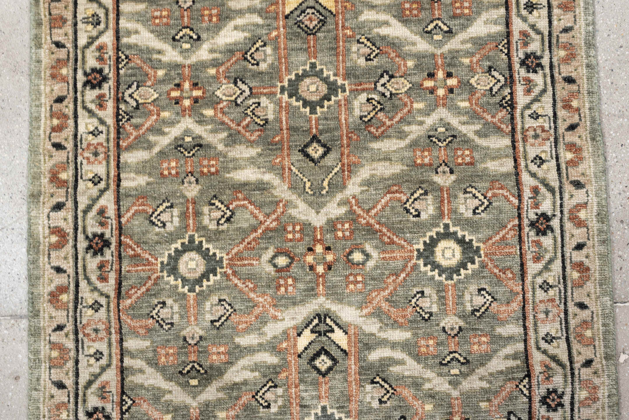 3' x 7' one-of-a-kind handmade vintage Malayer runner rug. Color palette: sage gray, ivory, terracotta, charcoal, taupe