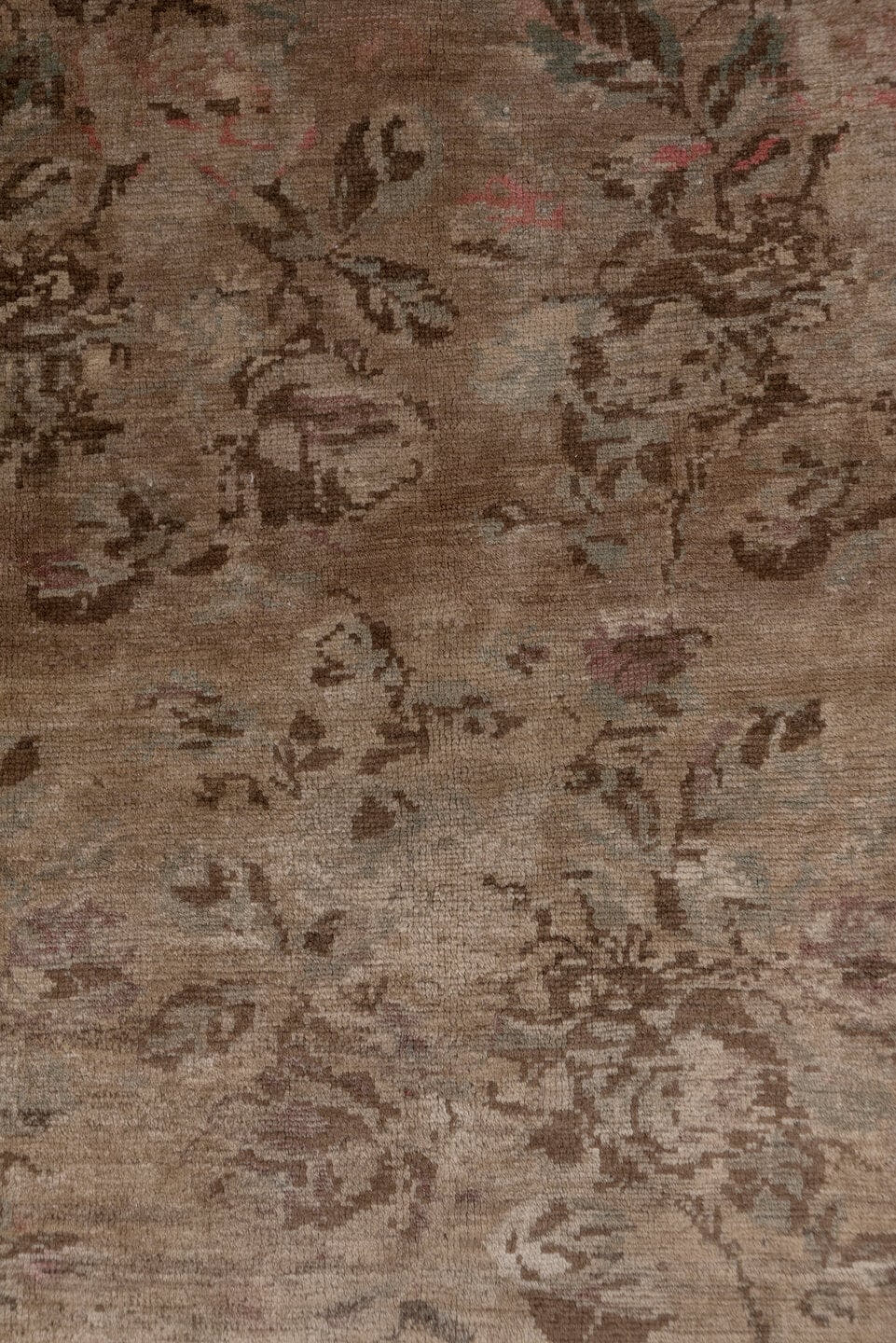 9' x 12' one-of-a-kind handmade vintage Agra large size rug. Color palette: taupe, brown, rose, dusty pink, beige, sage