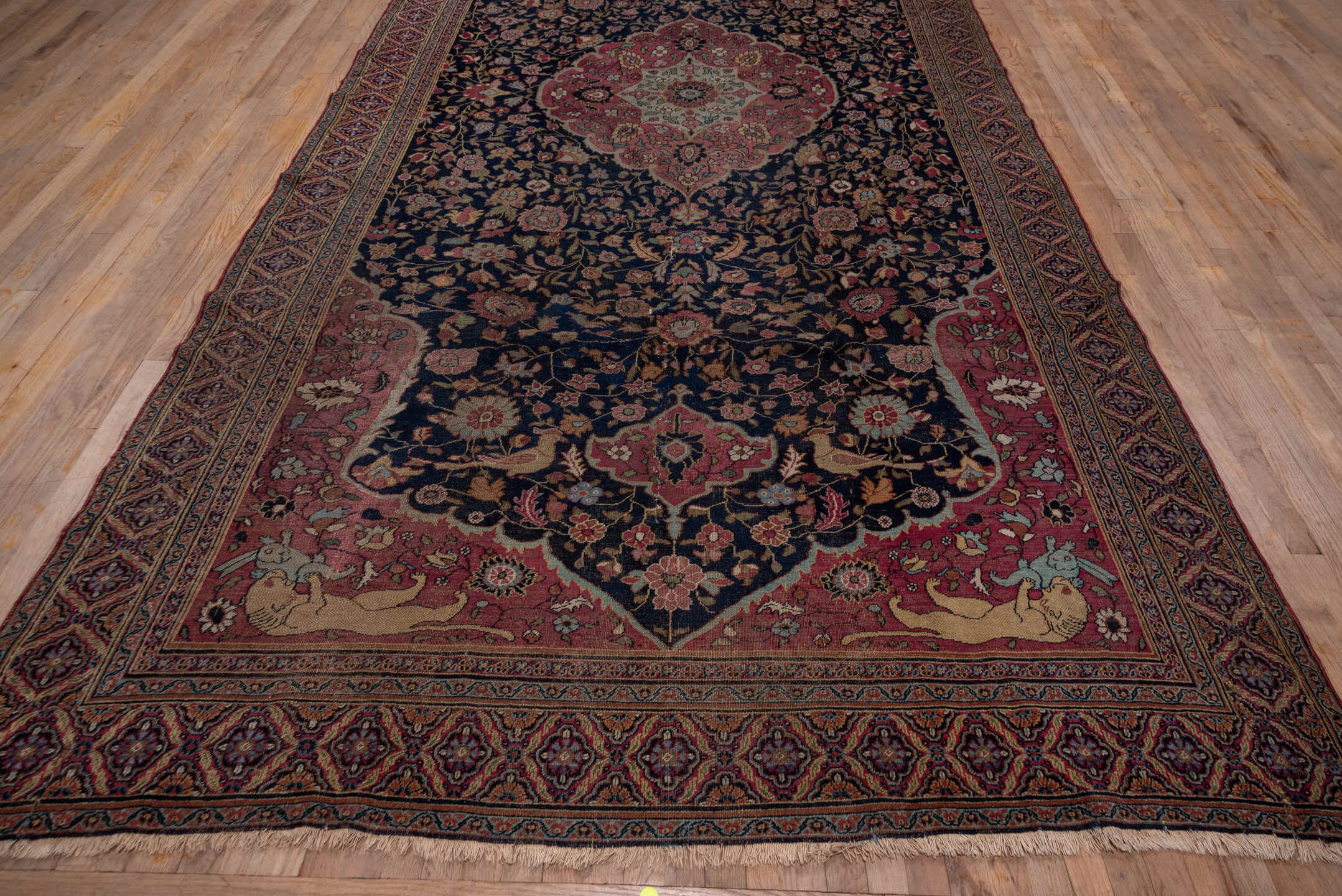 7' x 16' one-of-a-kind handmade vintage Khorassan rug. Color palette: black, brown, charcoal, dim gray, gray, pink, red