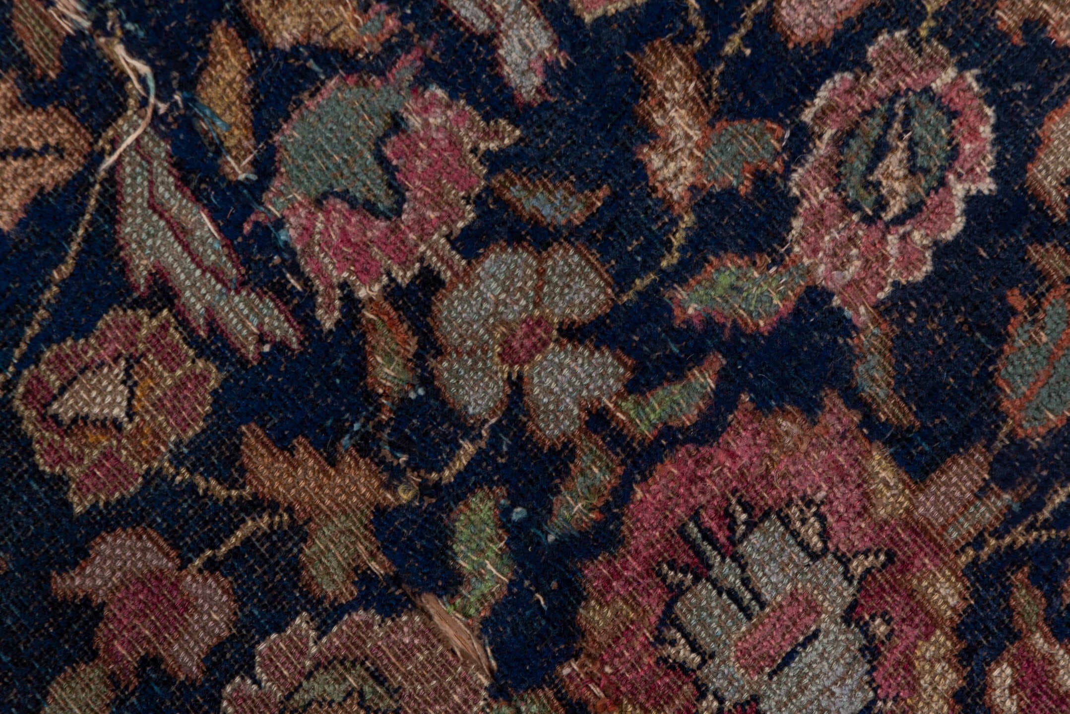 7' x 16' one-of-a-kind handmade vintage Khorassan rug. Color palette: navy, rose, ivory, rust, gold, camel, burgundy, slate