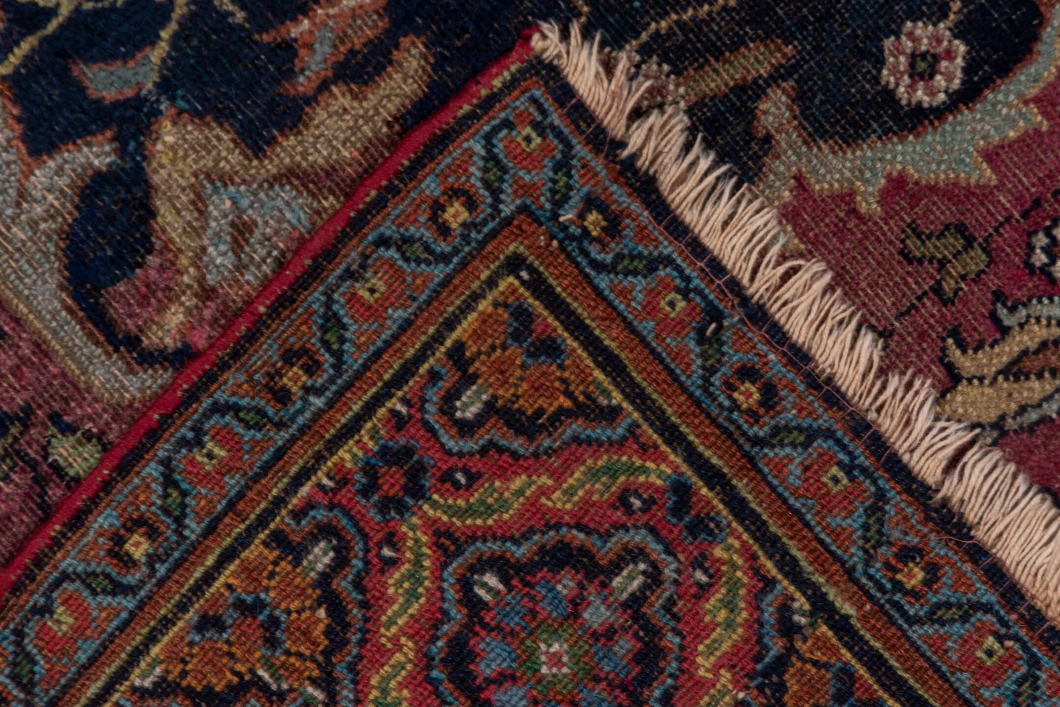 7' x 16' one-of-a-kind handmade vintage Khorassan rug. Color palette: navy, rose, ivory, rust, gold, camel, burgundy, slate