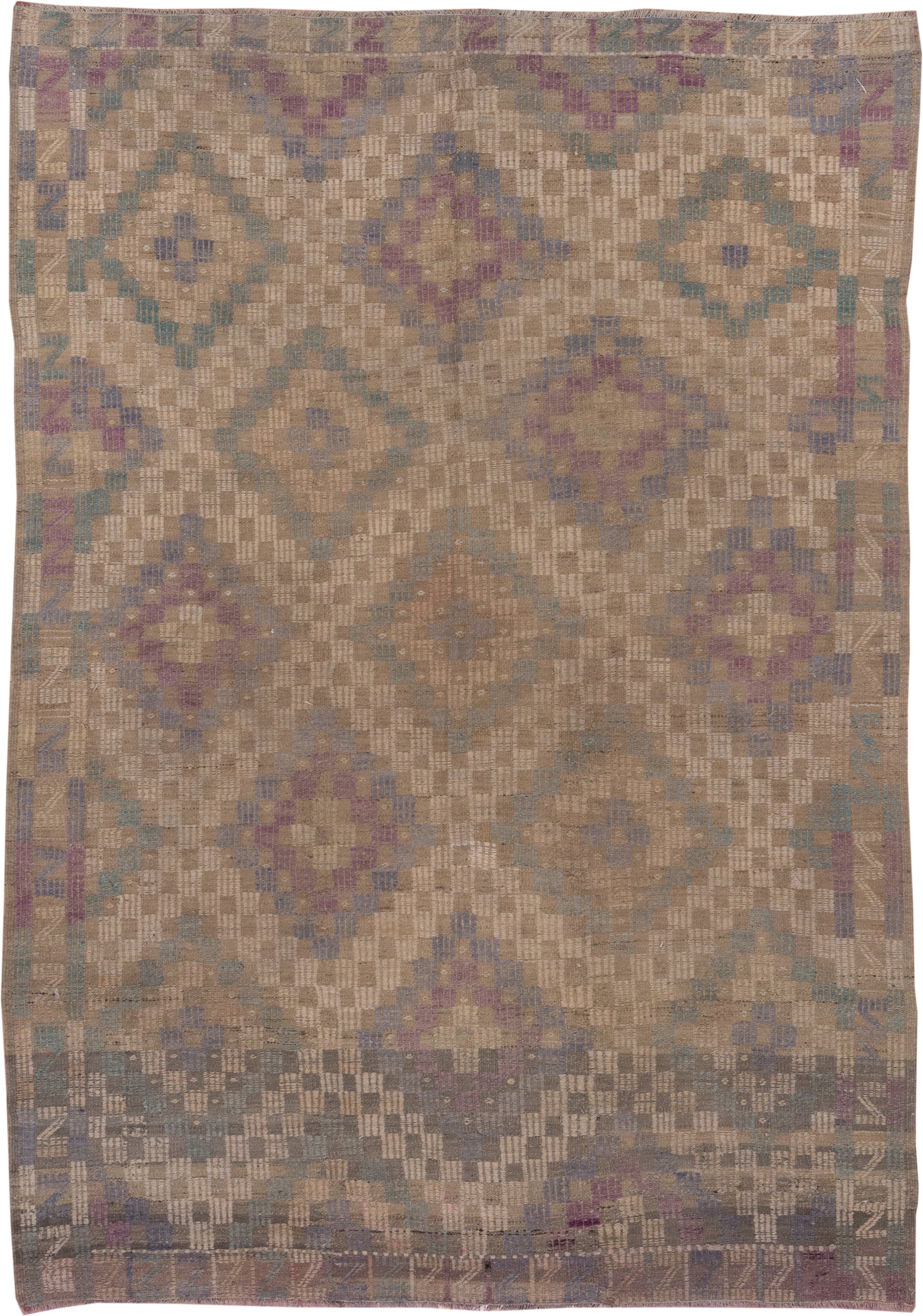 6' x 8' one-of-a-kind handmade vintage Jijim medium size rug. Color palette: taupe, beige, lavender, slate, teal, gray