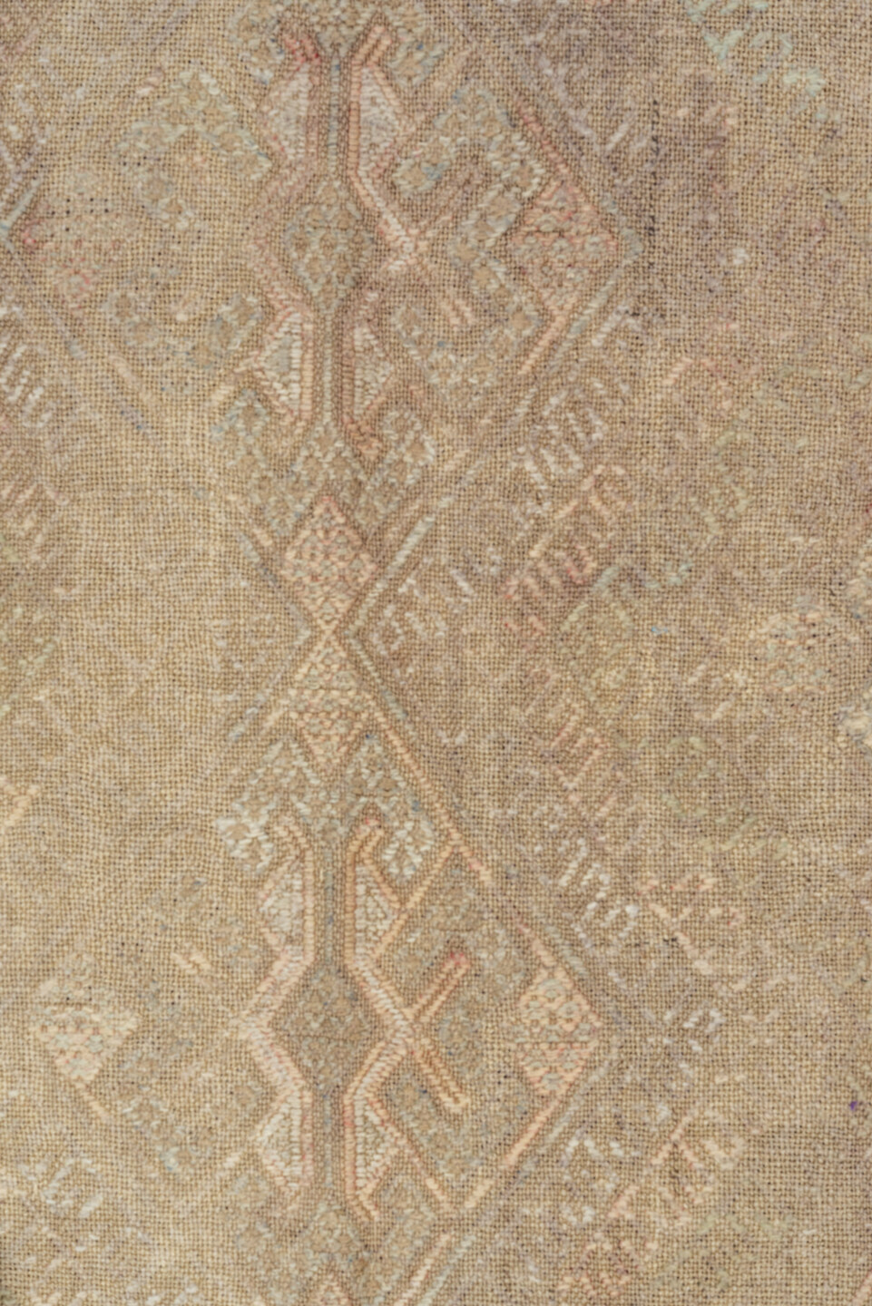 2' x 3' one-of-a-kind handmade vintage Jijim small size rug. Color palette: camel, taupe, ivory, rose, beige, sand, gray