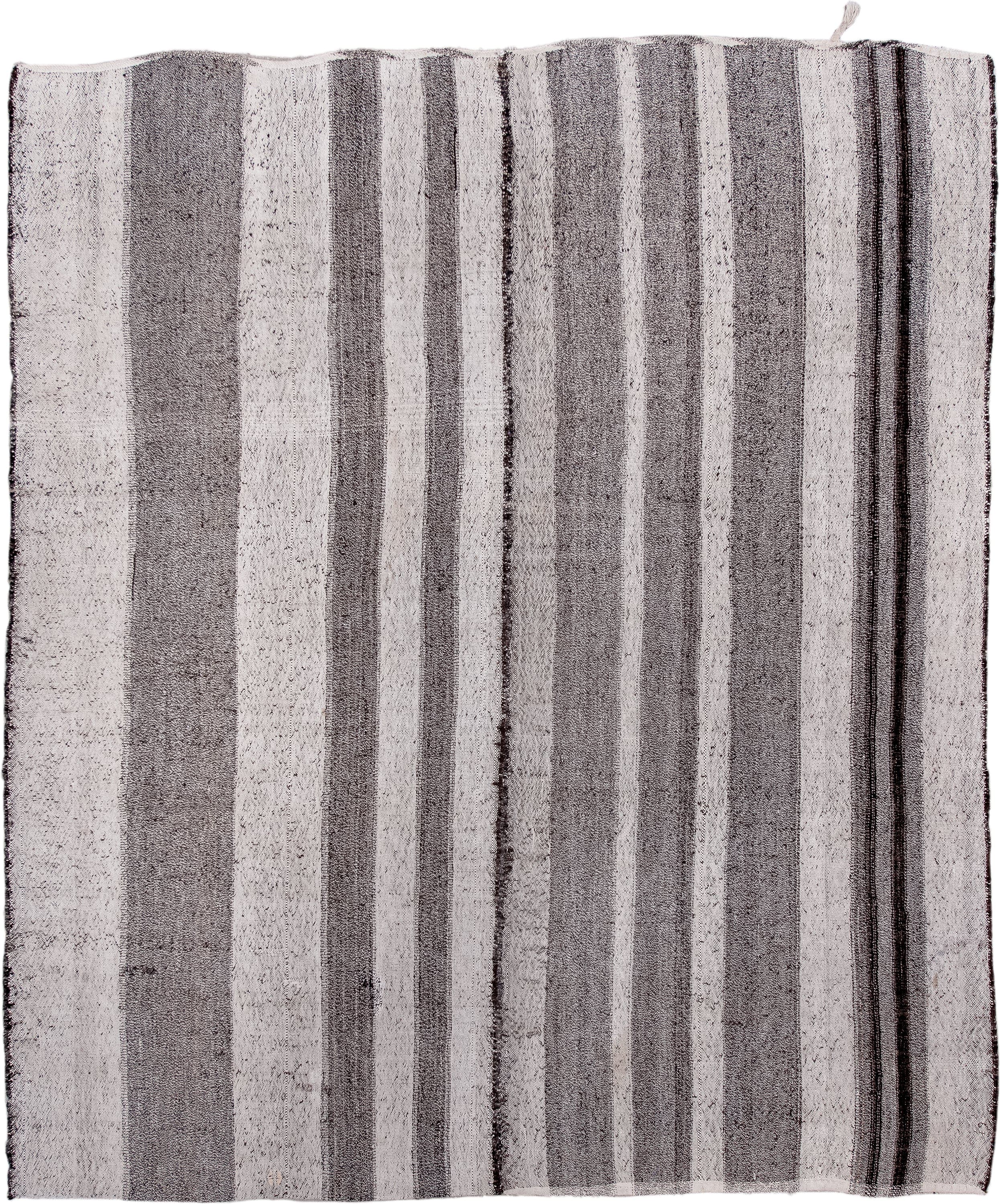 7' x 8' one-of-a-kind handmade vintage Kilim rug. Color palette: ivory, charcoal, taupe, cream, ebony, gray, black, beige