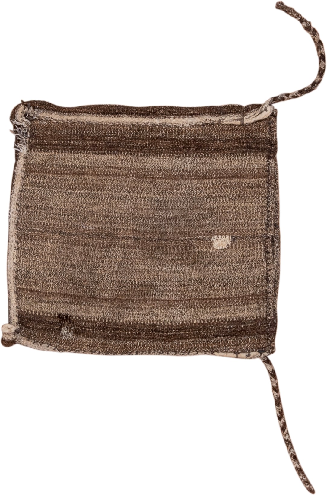 2' x 2' one-of-a-kind handmade vintage Grain Bag small size rug. Color palette: brown, taupe, camel, ivory, charcoal, beige