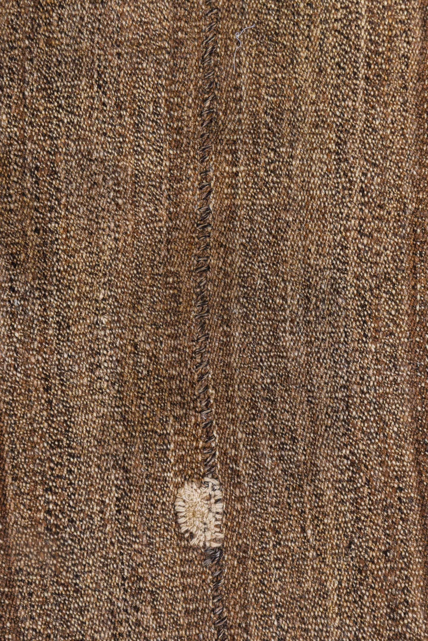 2' x 2' one-of-a-kind handmade vintage Grain Bag small size rug. Color palette: brown, taupe, camel, ivory, charcoal, beige