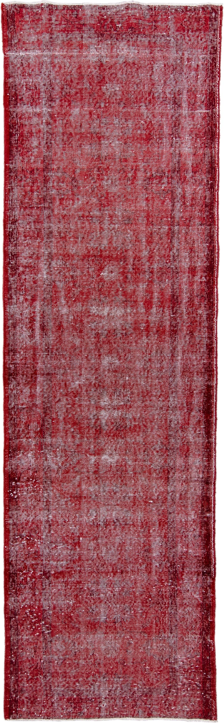 3' x 10' one-of-a-kind handmade vintage Overdyed runner rug. Color palette: crimson, rose, burgundy, ivory, red, pink