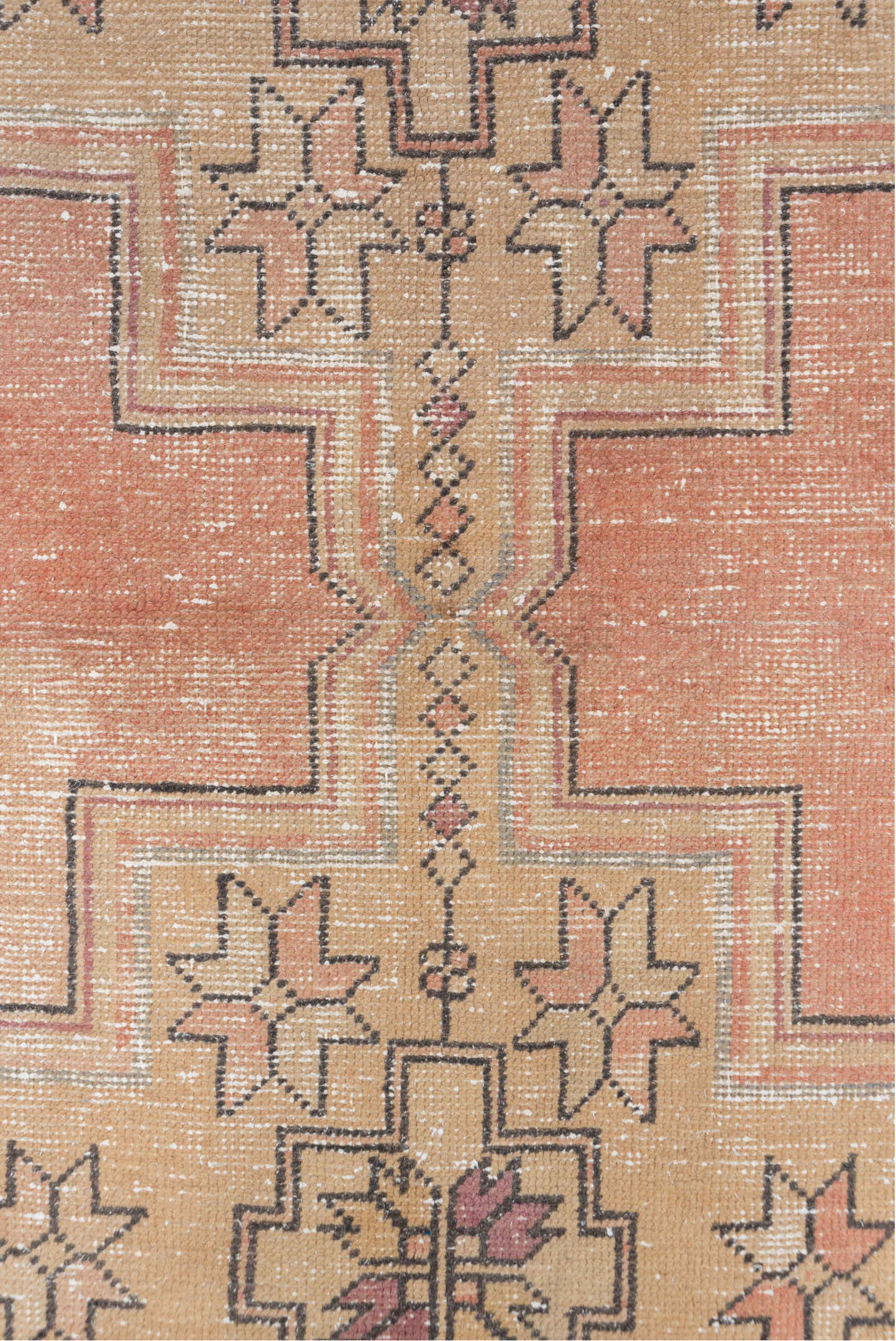 3' x 9' one-of-a-kind handmade vintage Oushak runner rug. Color palette: peach, camel, taupe, rose, burgundy, ivory, brown