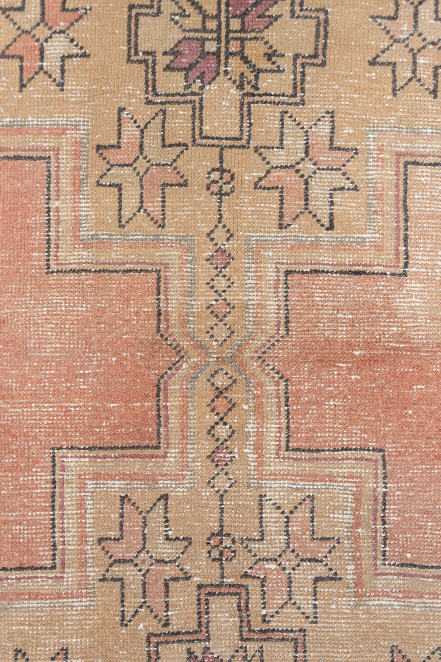 3' x 9' one-of-a-kind handmade vintage Oushak runner rug. Color palette: peach, camel, taupe, rose, burgundy, ivory, brown